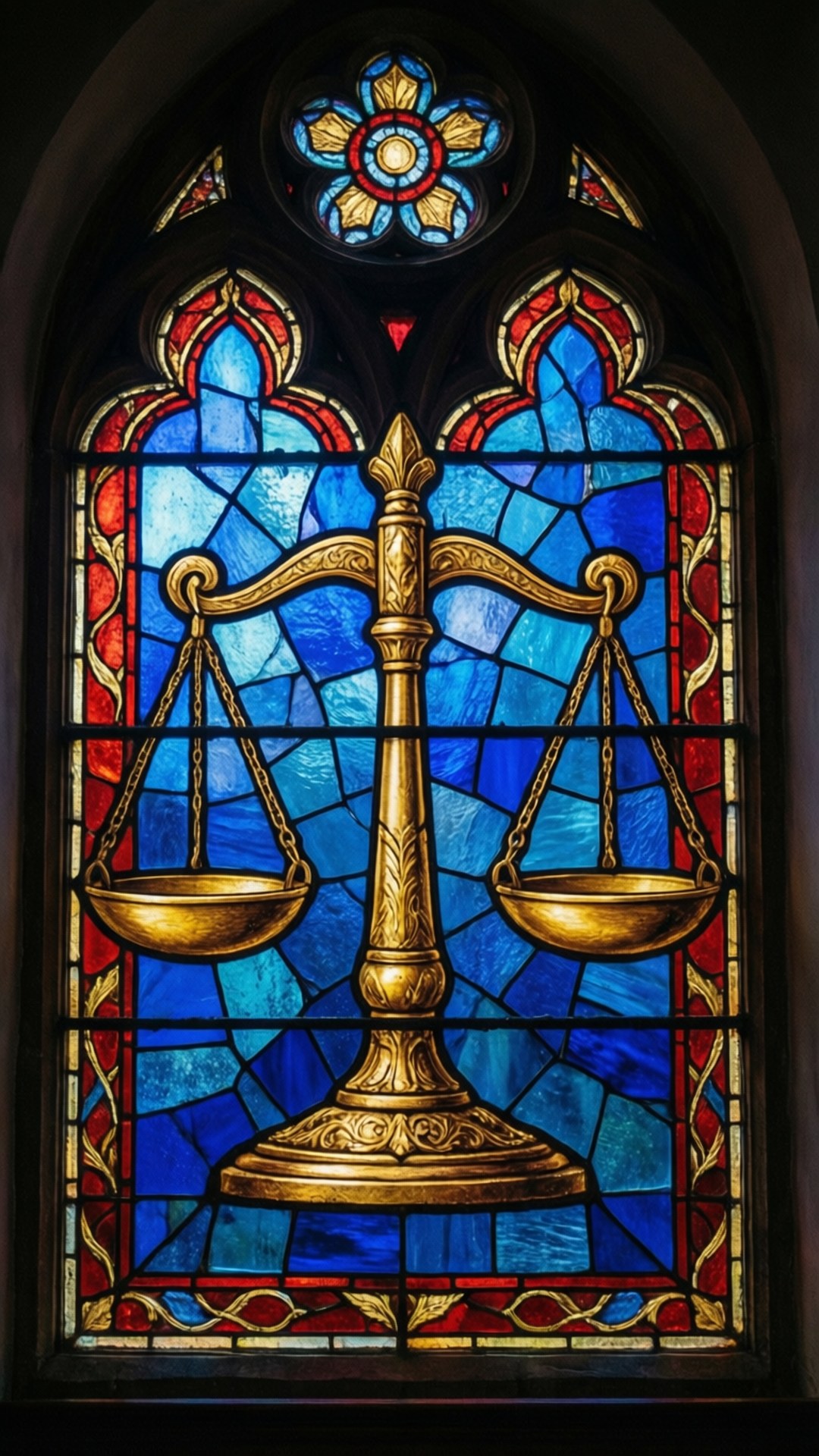 stained glass window, golden justice scale, vibrant blue and red background, Full HD Phone Wallpaper
