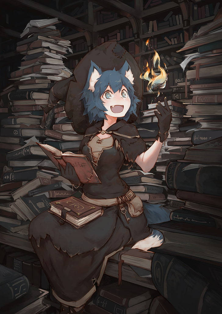 blue-haired fox-eared girl, towering stacks of books, dimly lit library, SD Phone Wallpaper