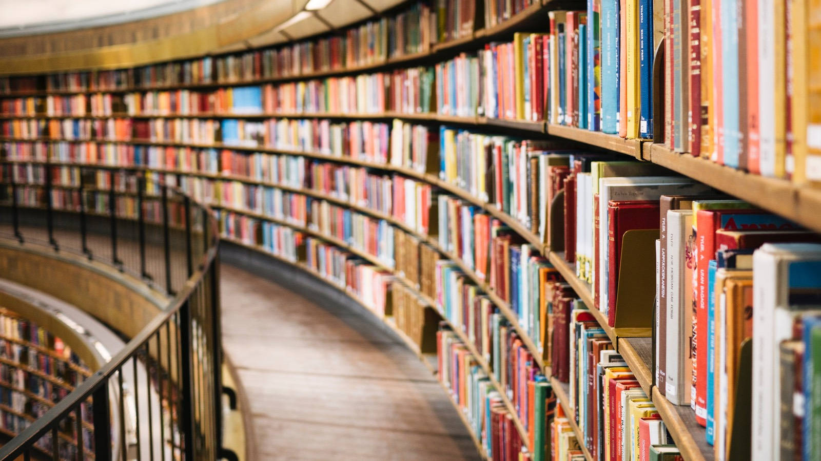 curved wooden bookshelf, colorful books, warm lit library aisle, HD Desktop Wallpaper