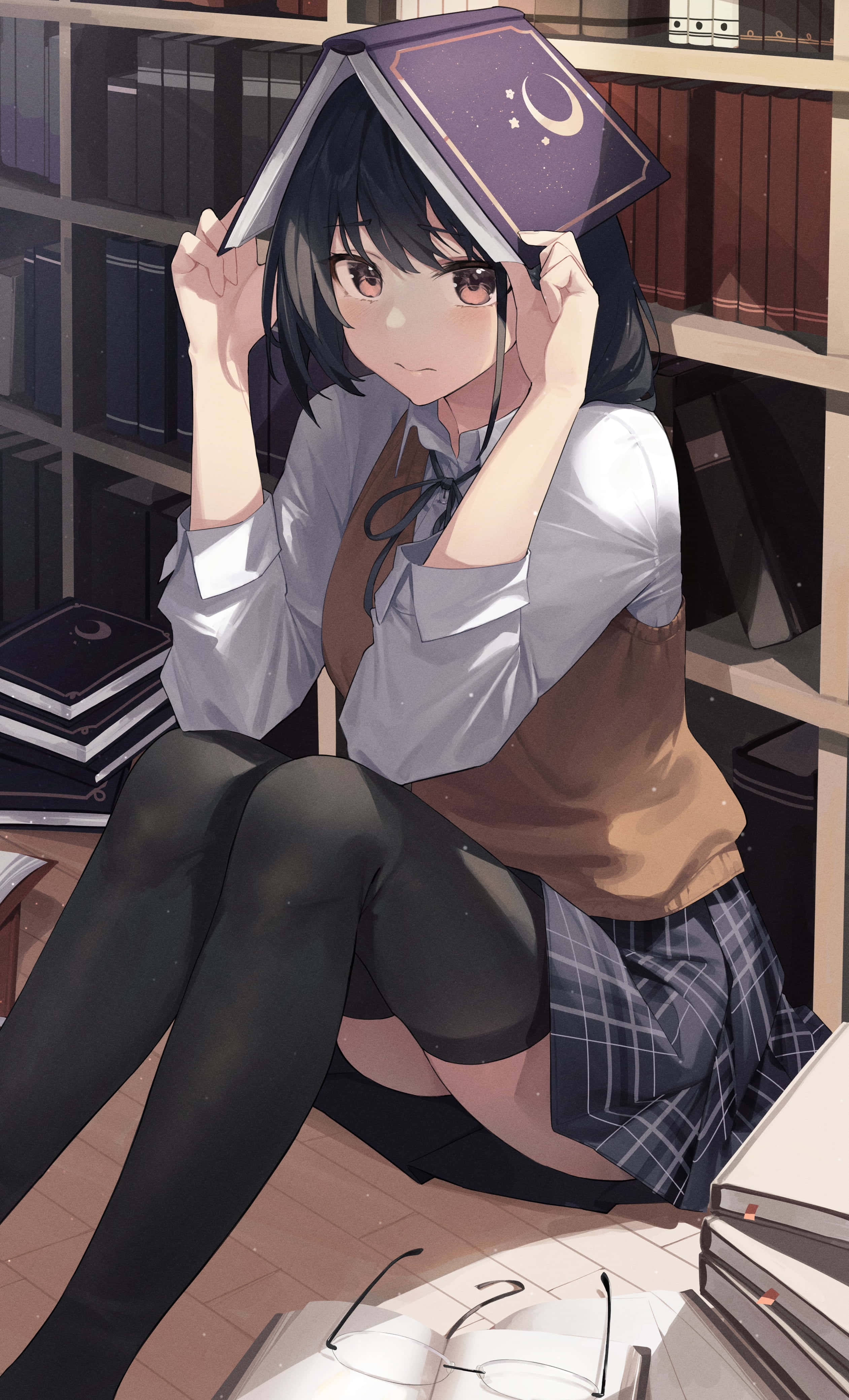 anime girl, school uniform, library floor, 4K Phone Wallpaper