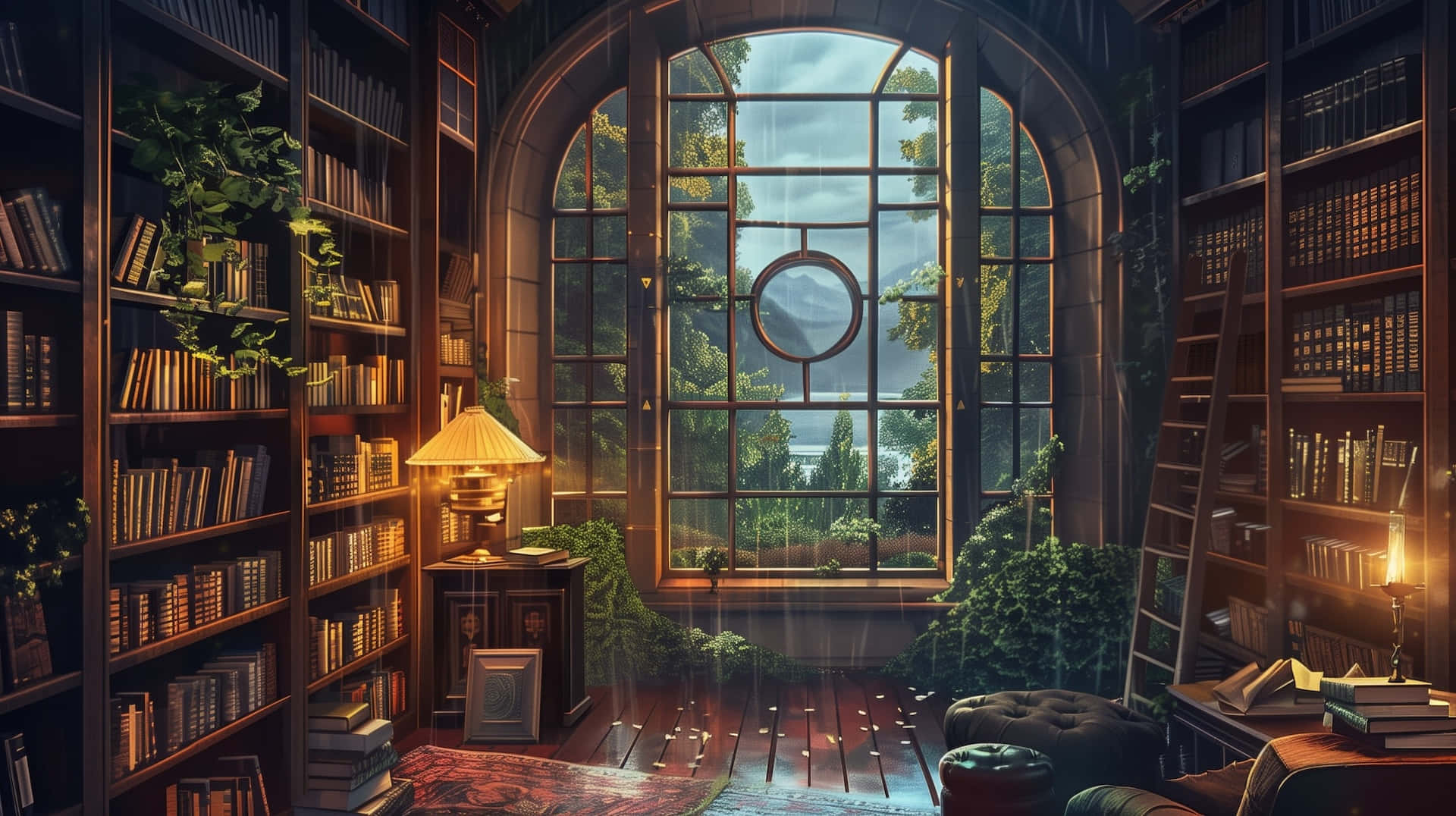 cozy home library nook, towering bookshelves, large arched window, Full HD Desktop Wallpaper