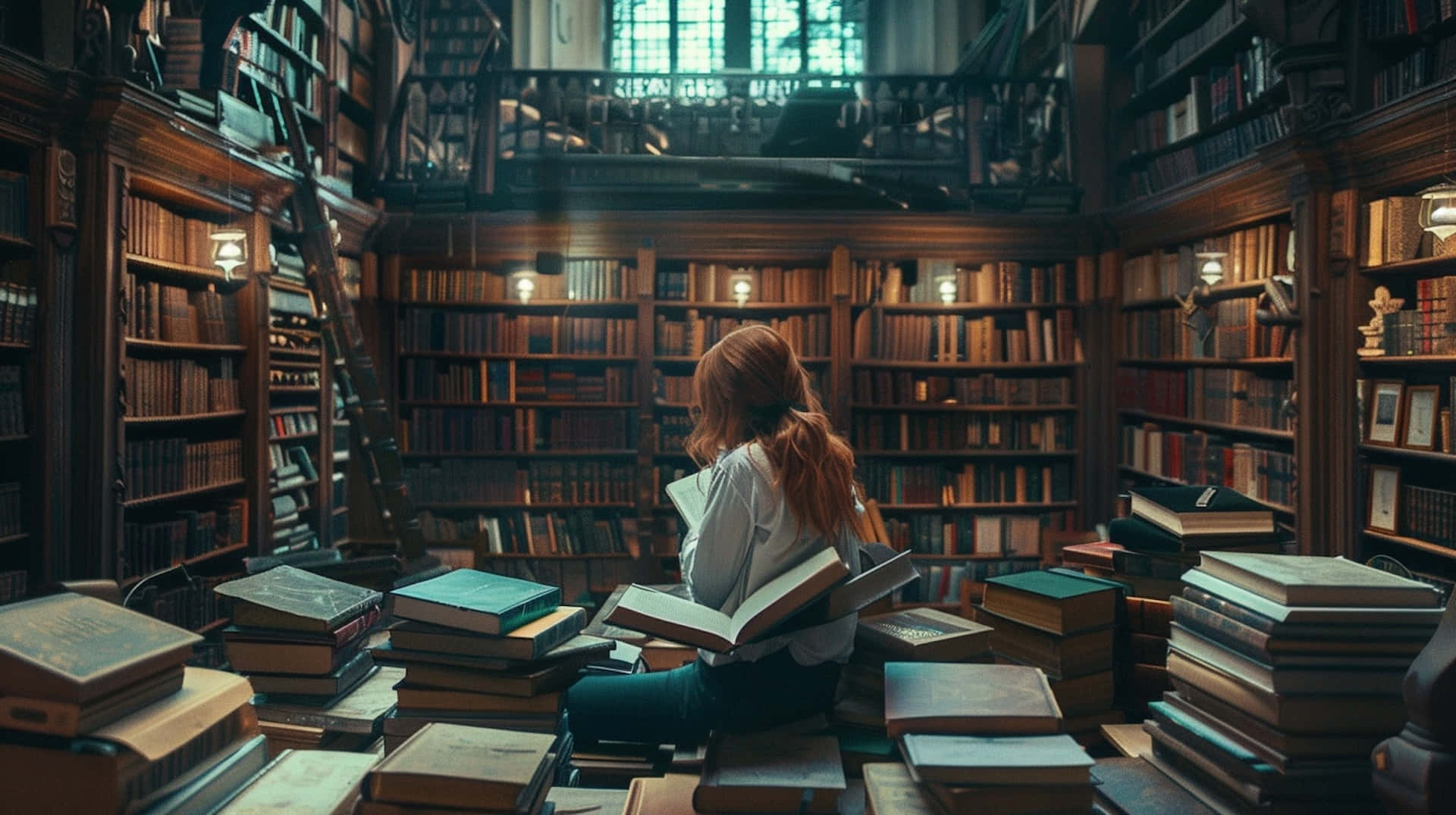 serene library reading, red hair, towering book stacks, Full HD Desktop Wallpaper