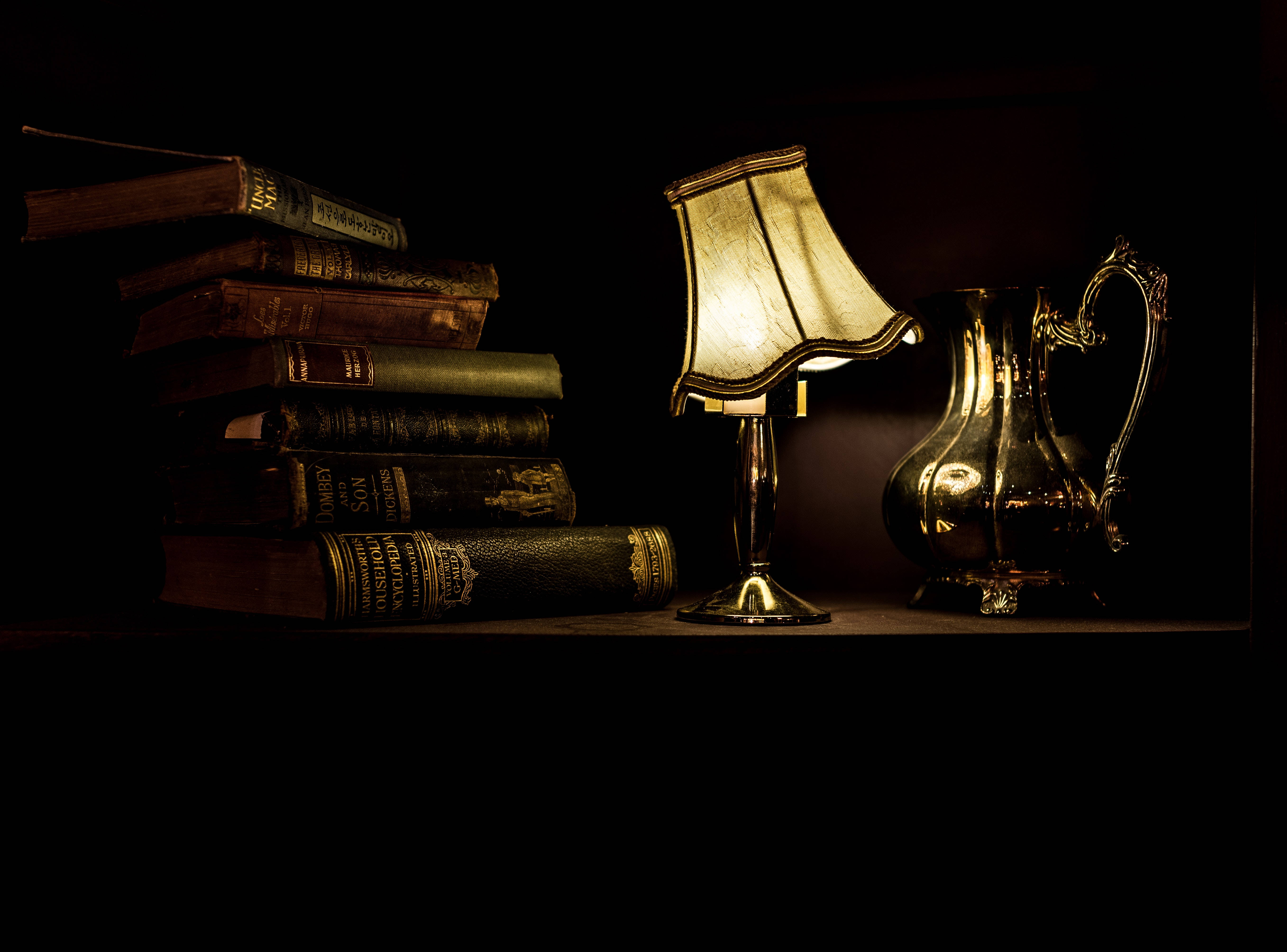 vintage lamp, ornate pitcher, old books, 5K Desktop Wallpaper