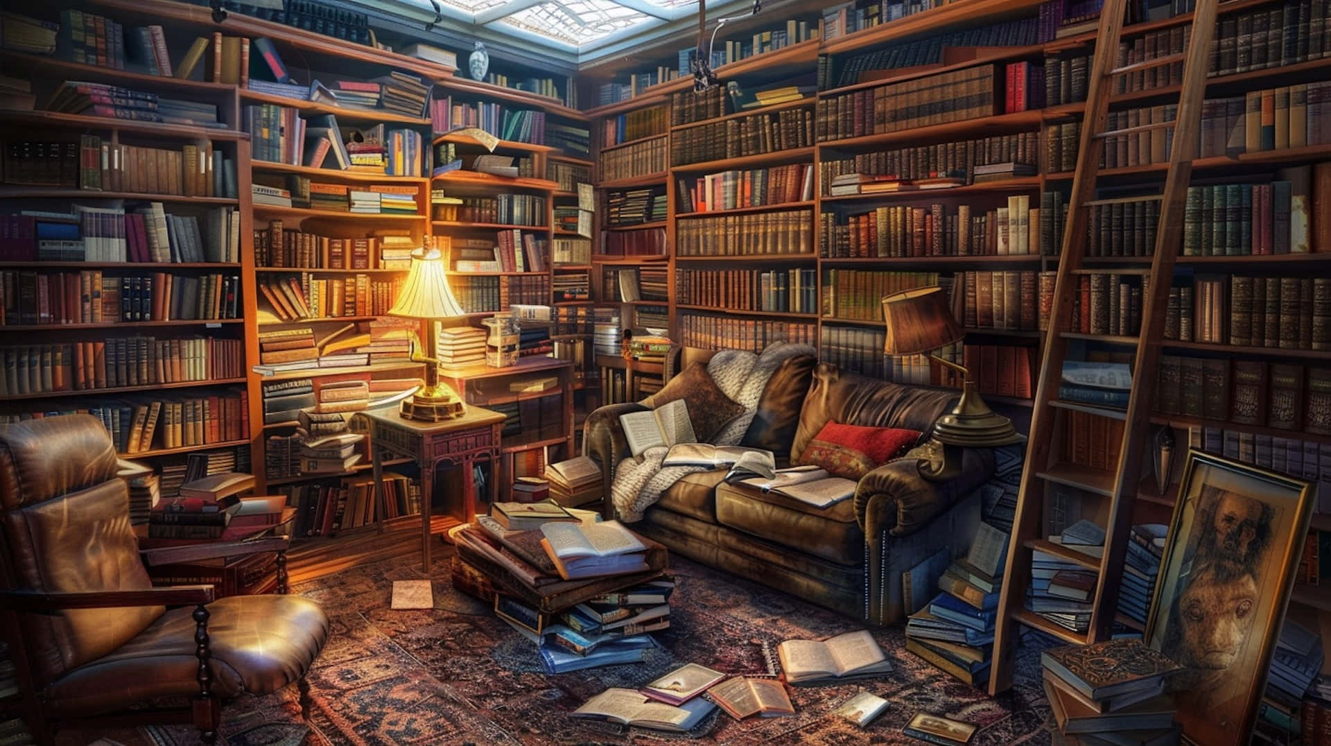 cozy home library nook, leather furniture, towering bookshelves, Full HD Desktop Wallpaper