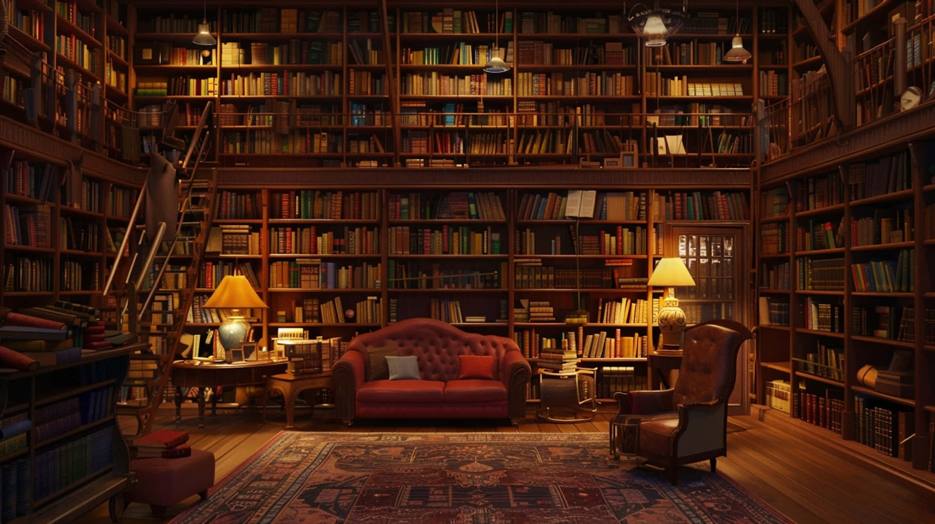 cozy home library nook, towering wooden bookshelves, red tufted sofa, Full HD Desktop Wallpaper