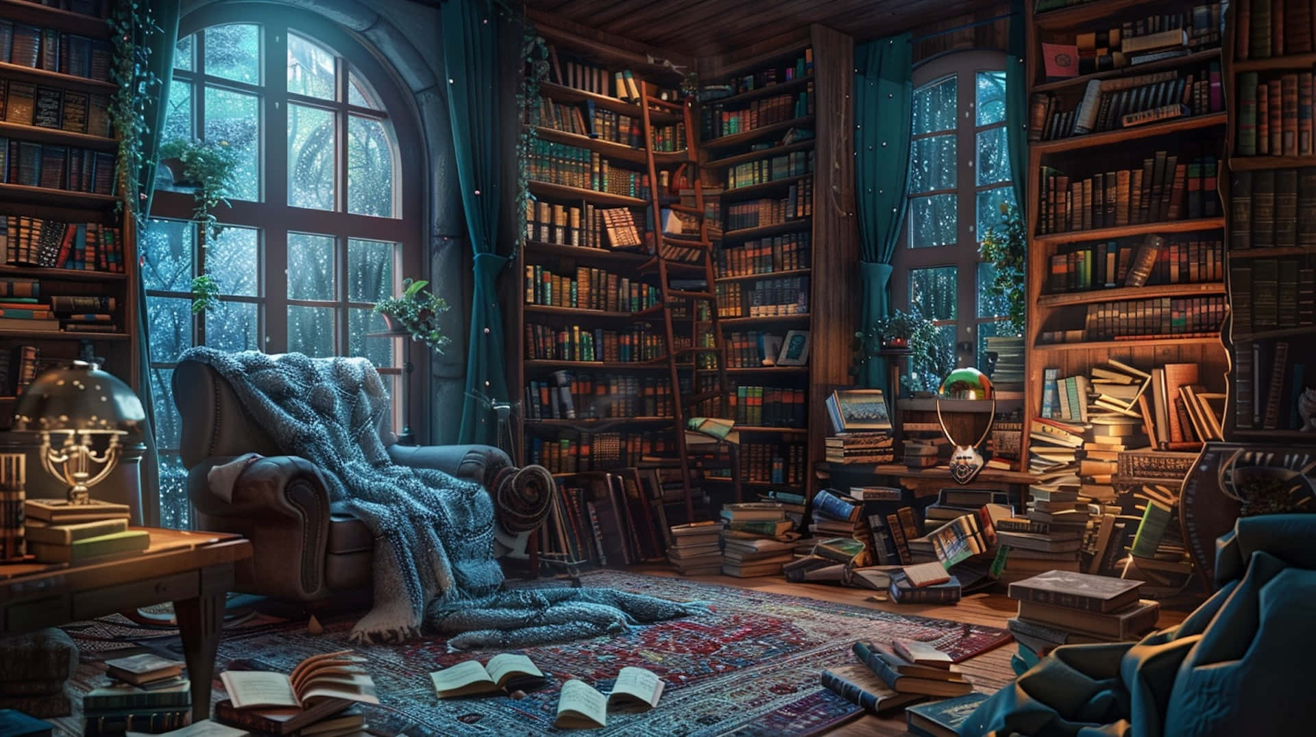 cozy home library nook, towering bookshelves, plush armchair, Full HD Desktop Wallpaper