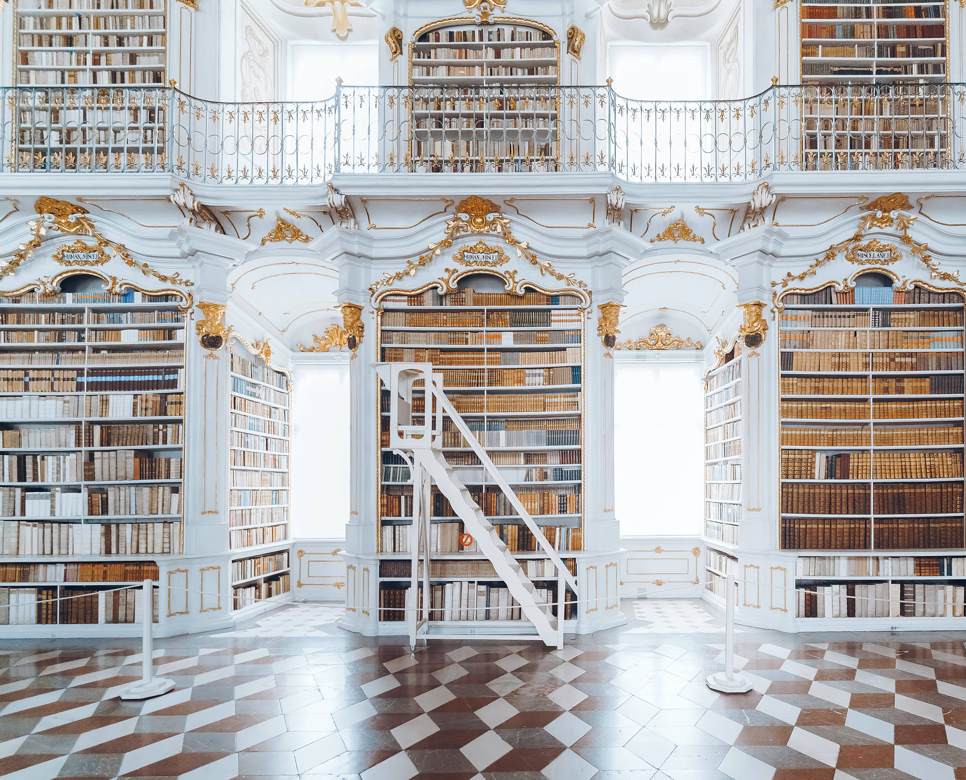 baroque library, ornate gold trim, white walls, 4K Desktop Wallpaper