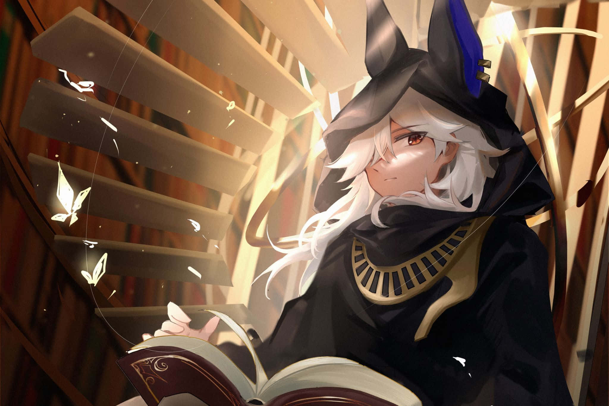 mystical librarian, anime character, white-haired anime witch, Full HD Desktop Wallpaper