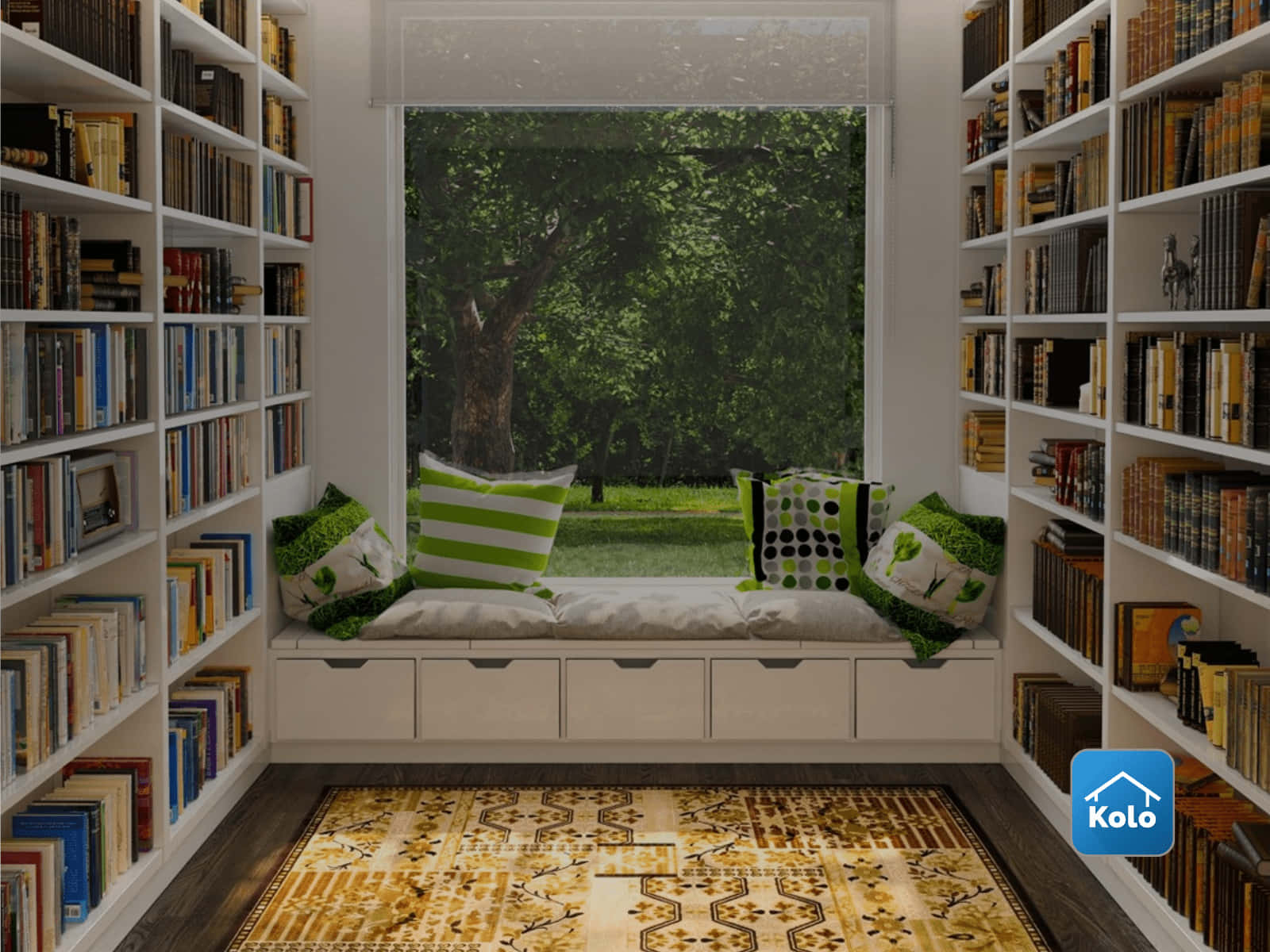 home library, white bookshelves, window seat, HD Desktop Wallpaper