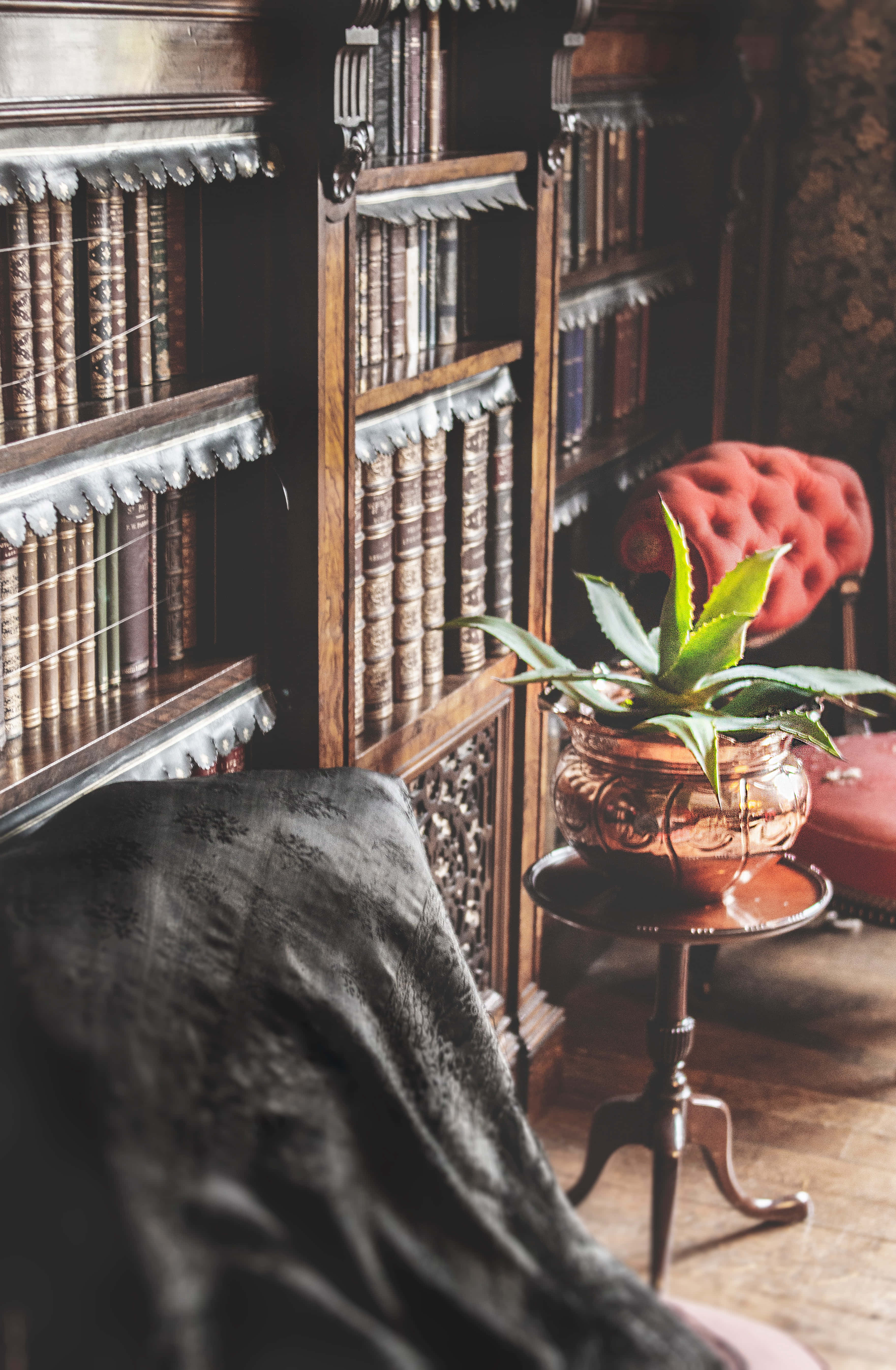 vintage library corner, ornate wooden bookshelves, red tufted chair, 5K Phone Wallpaper