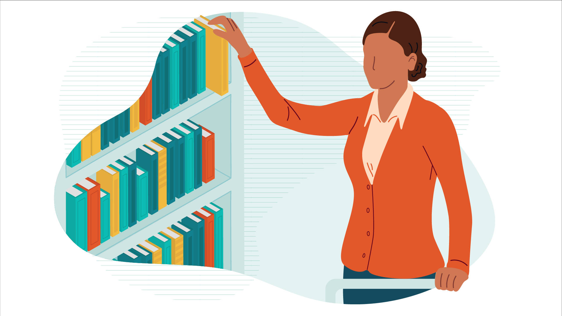 Librarian, orange blazer, colorful shelf, Full HD Desktop Wallpaper