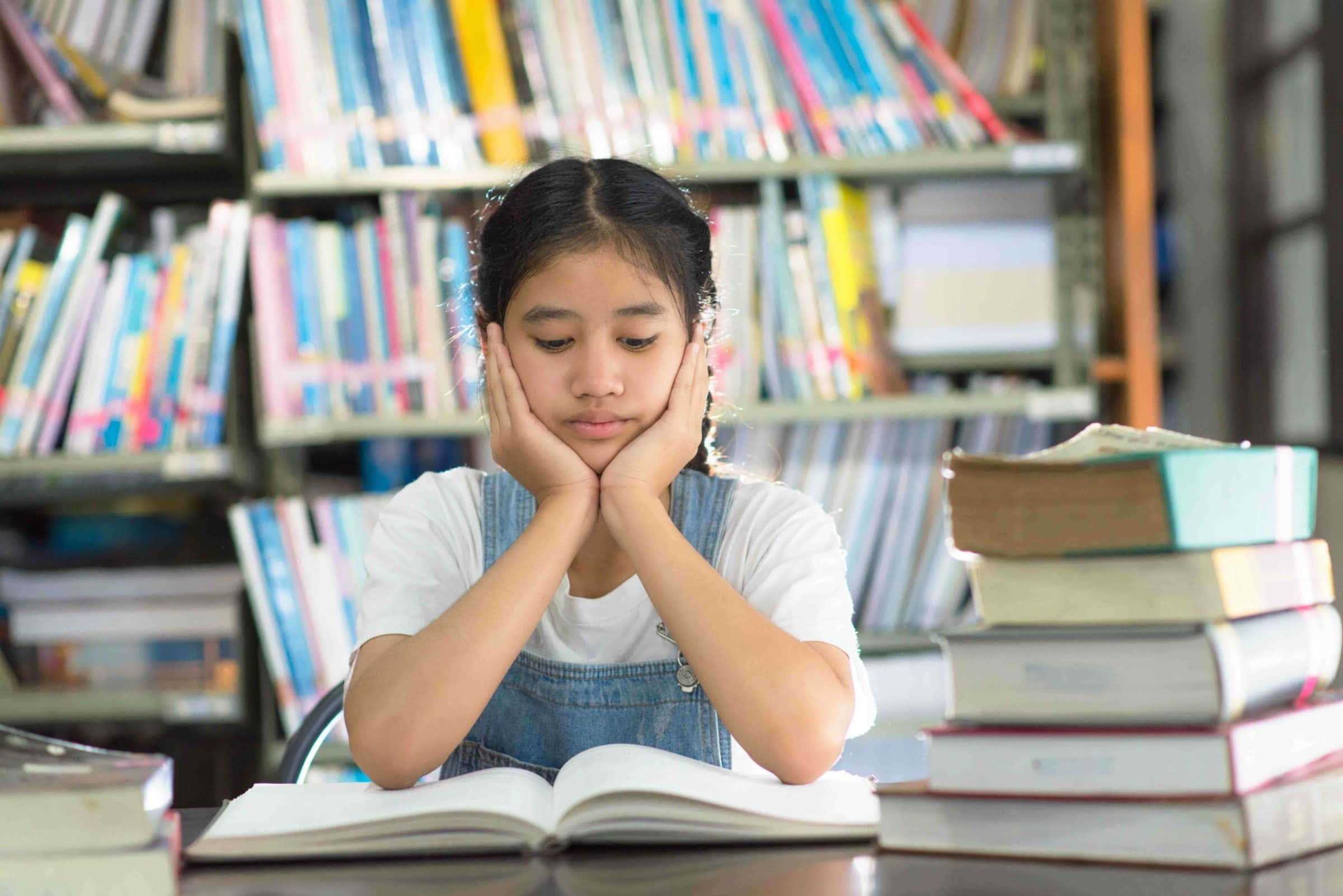 young girl, library, desk, Full HD Desktop Wallpaper