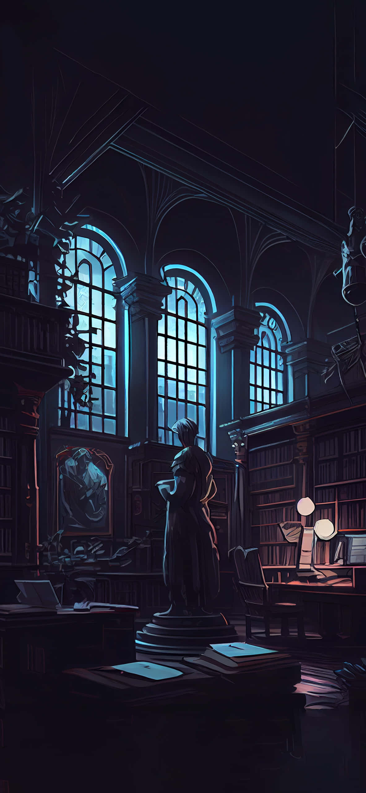 midnight studyin historic library, gothic library, eerie blue light, 2K Phone Wallpaper
