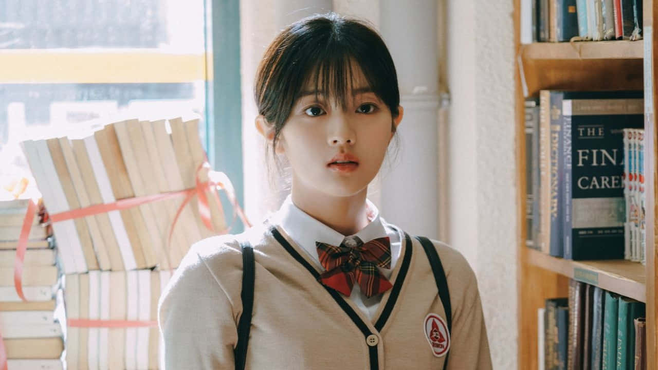 schoolgirl, library, beige school uniform, HD Desktop Wallpaper