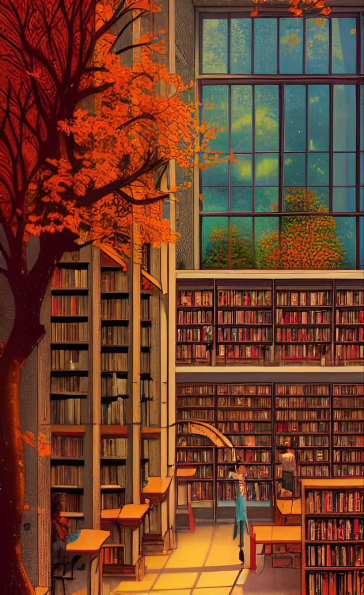 autumnal library aesthetic, towering library, bookshelves, SD Phone Wallpaper