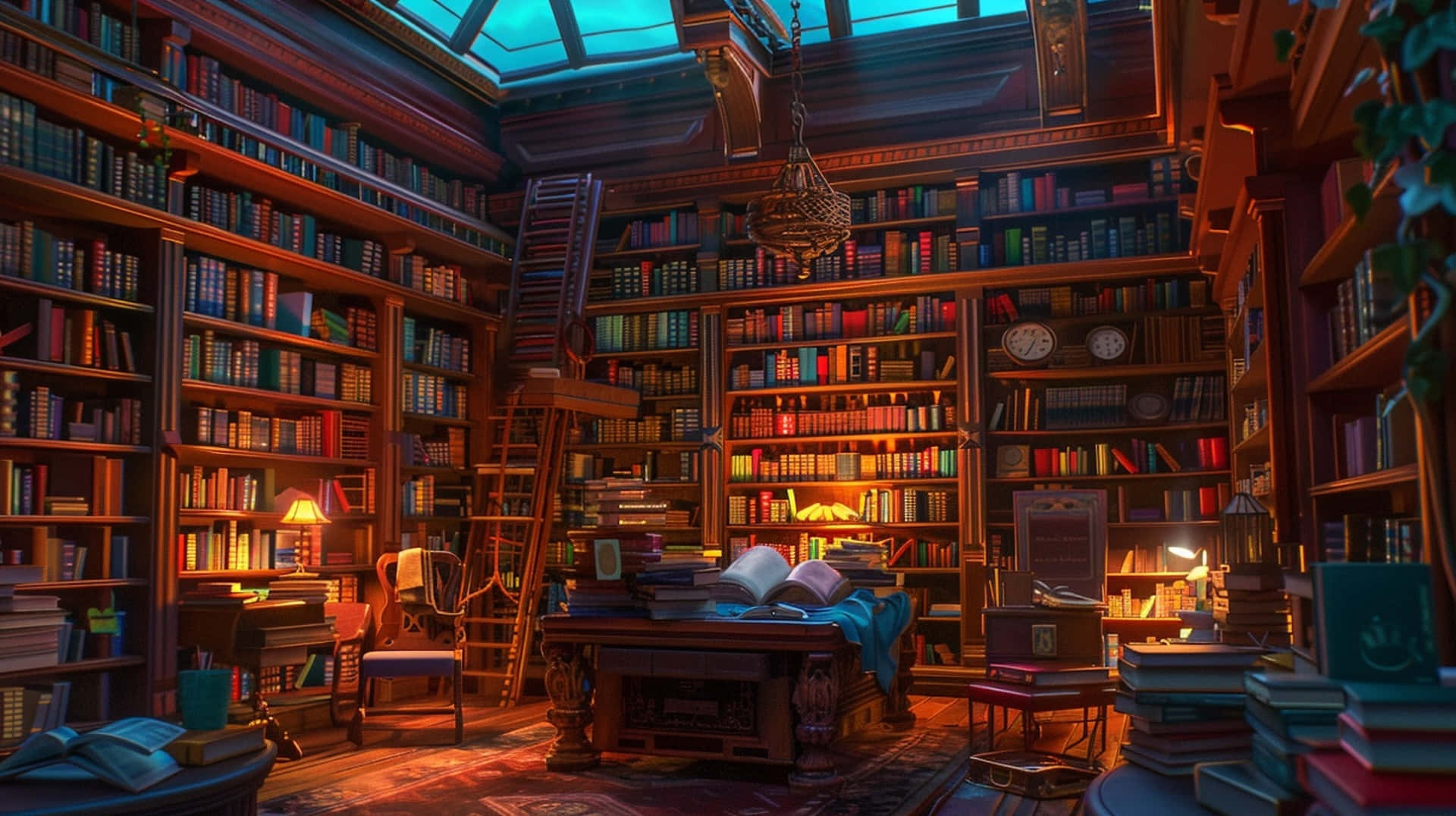 home library, nighttime, warmly lit, Full HD Desktop Wallpaper