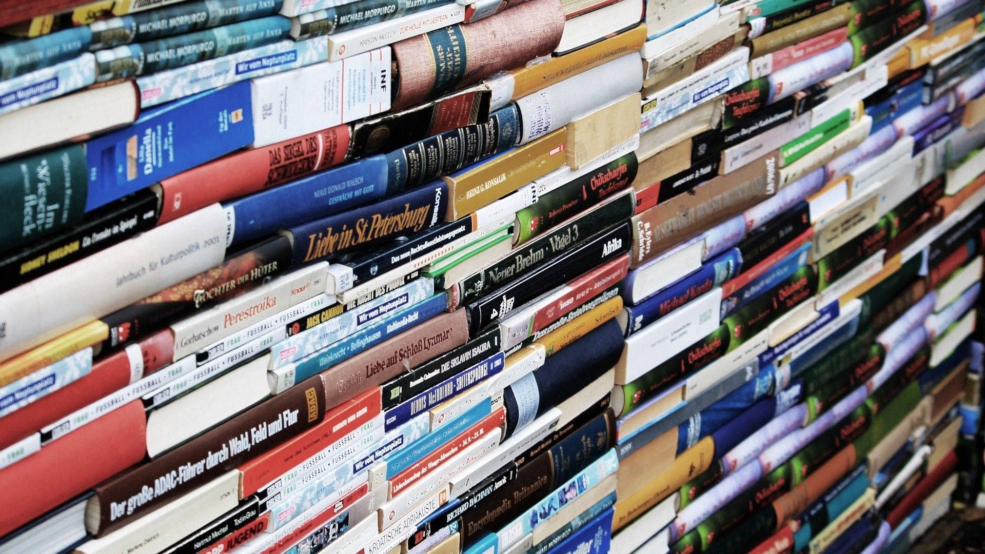 books acting as shelves, dense wall of colorful books, spines facing outward, Full HD Desktop Wallpaper