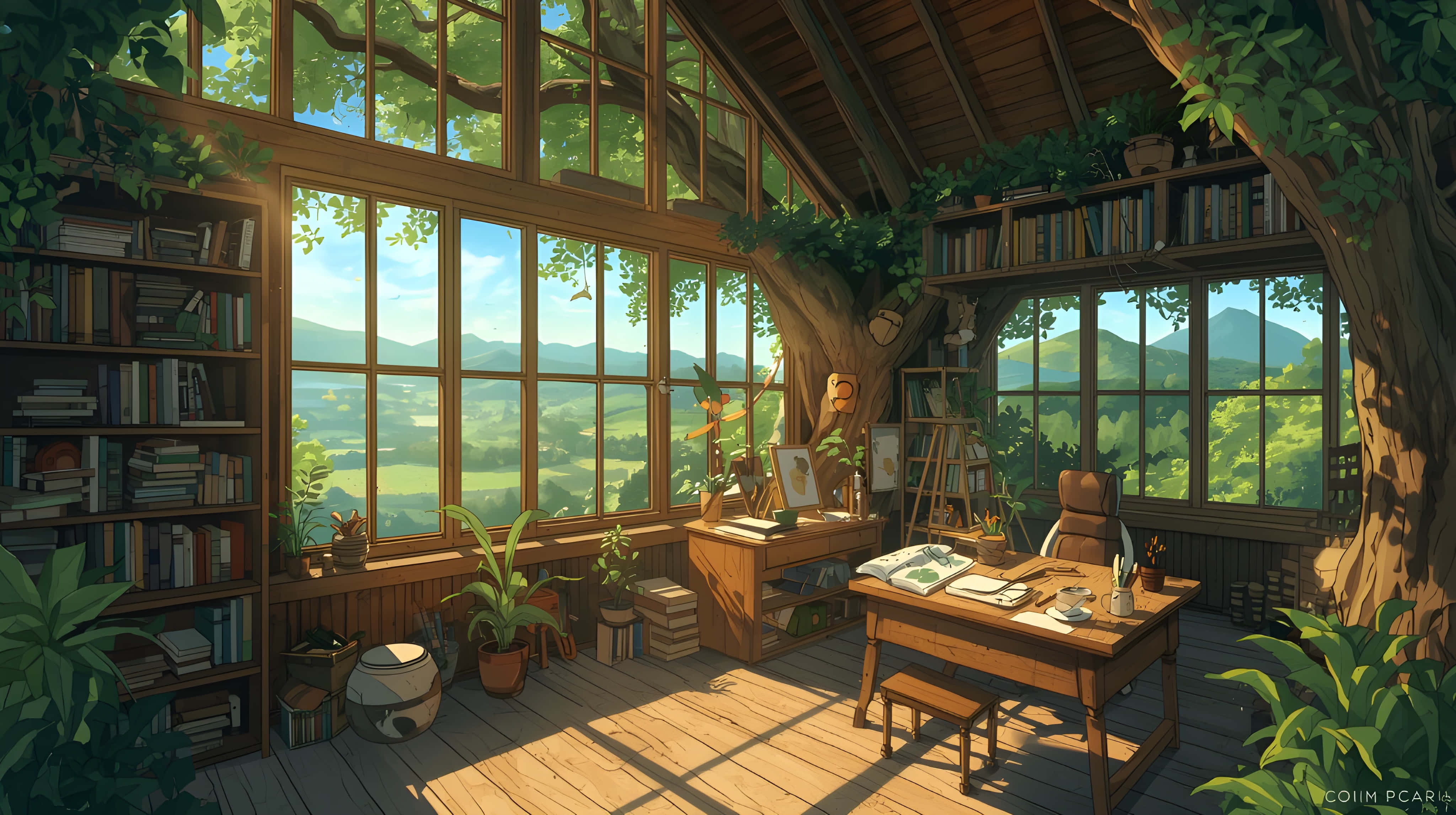 cozy treehouse library, mountain view, sunlight streams through tall windows, 4K Desktop Wallpaper