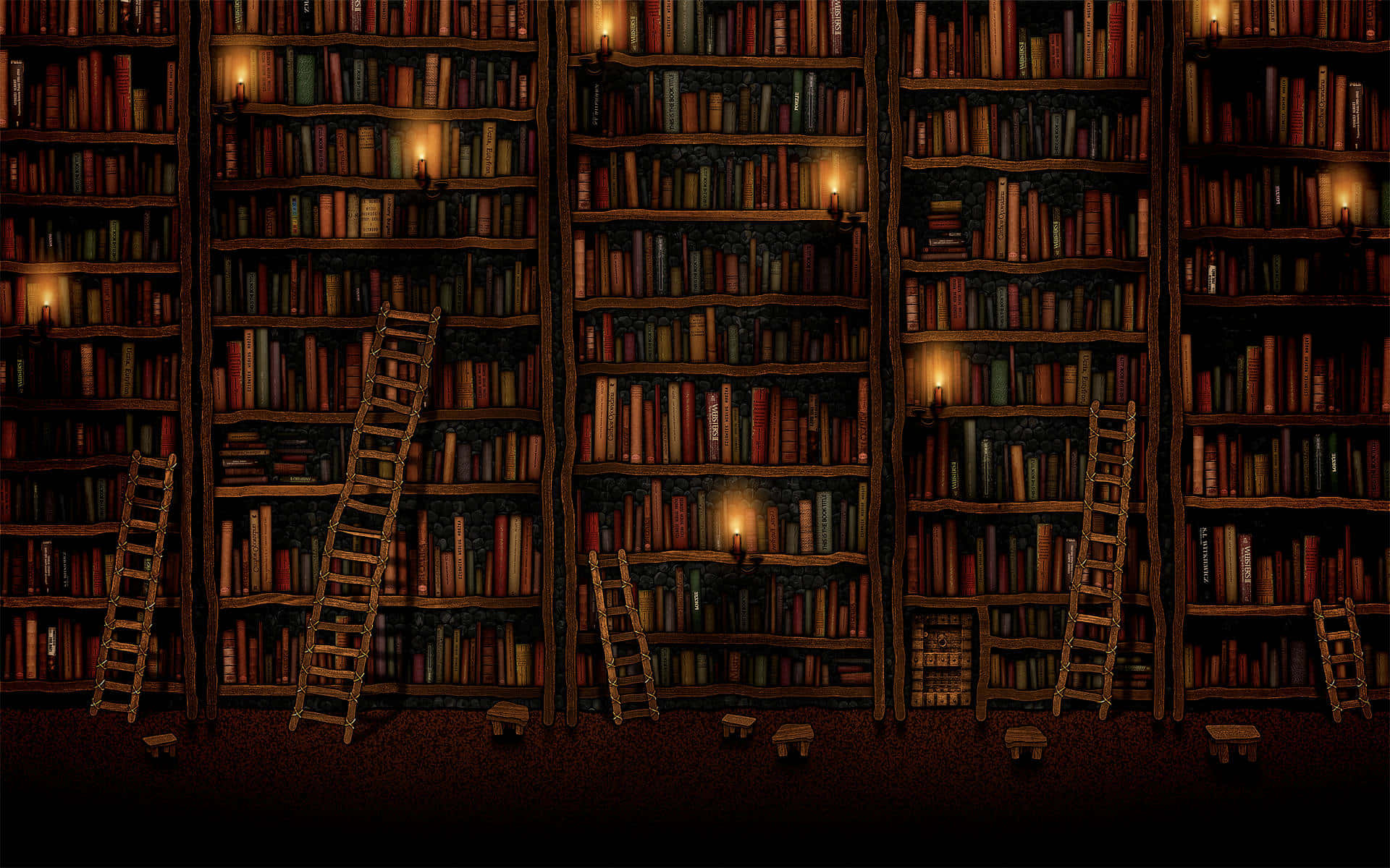 cozy brown bookshelves aesthetic, dimly lit library, towering wooden bookshelves, Full HD Desktop Wallpaper