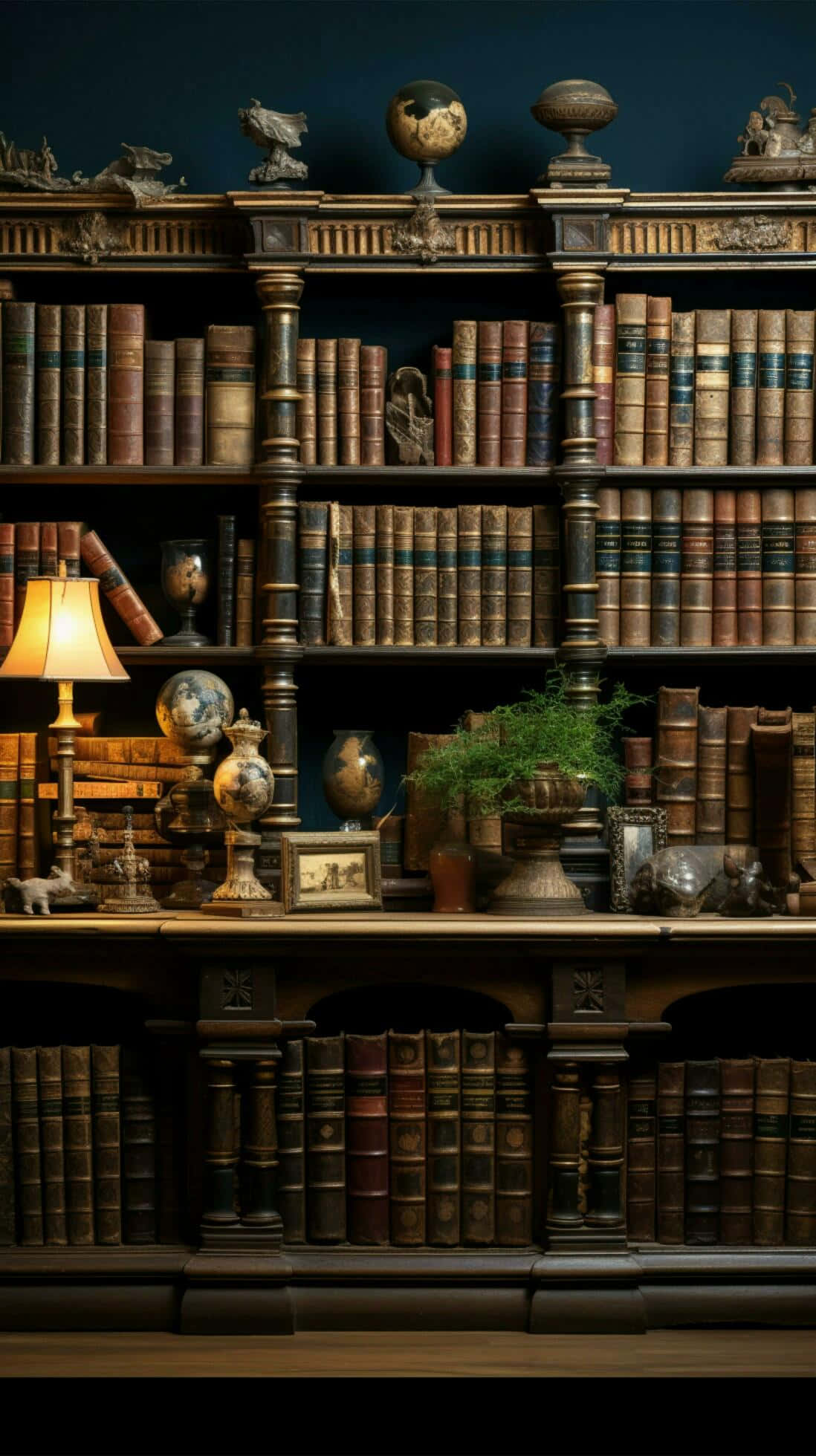 classic library bookshelf aesthetic, ornate bookshelf, aged leather-bound books, Full HD Phone Wallpaper