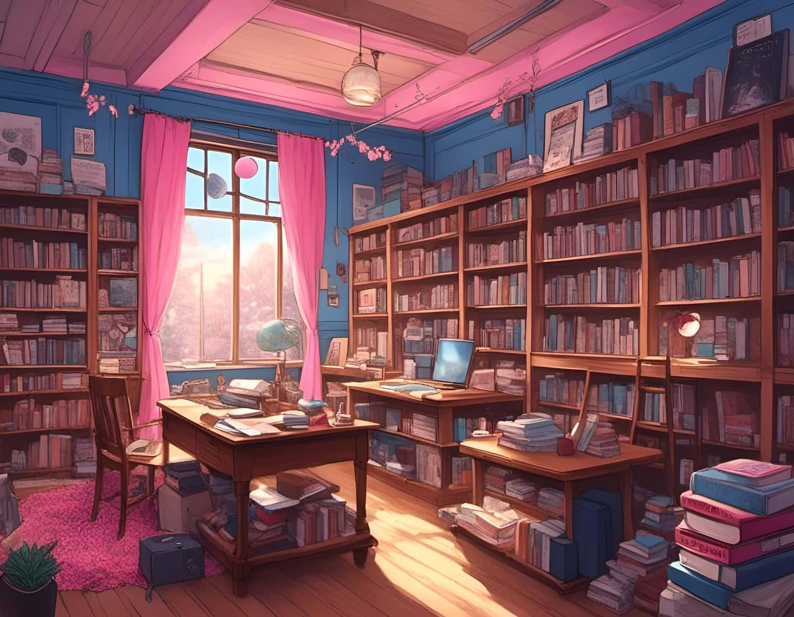 cozy home library, sunlight, blue walls, HD Desktop Wallpaper