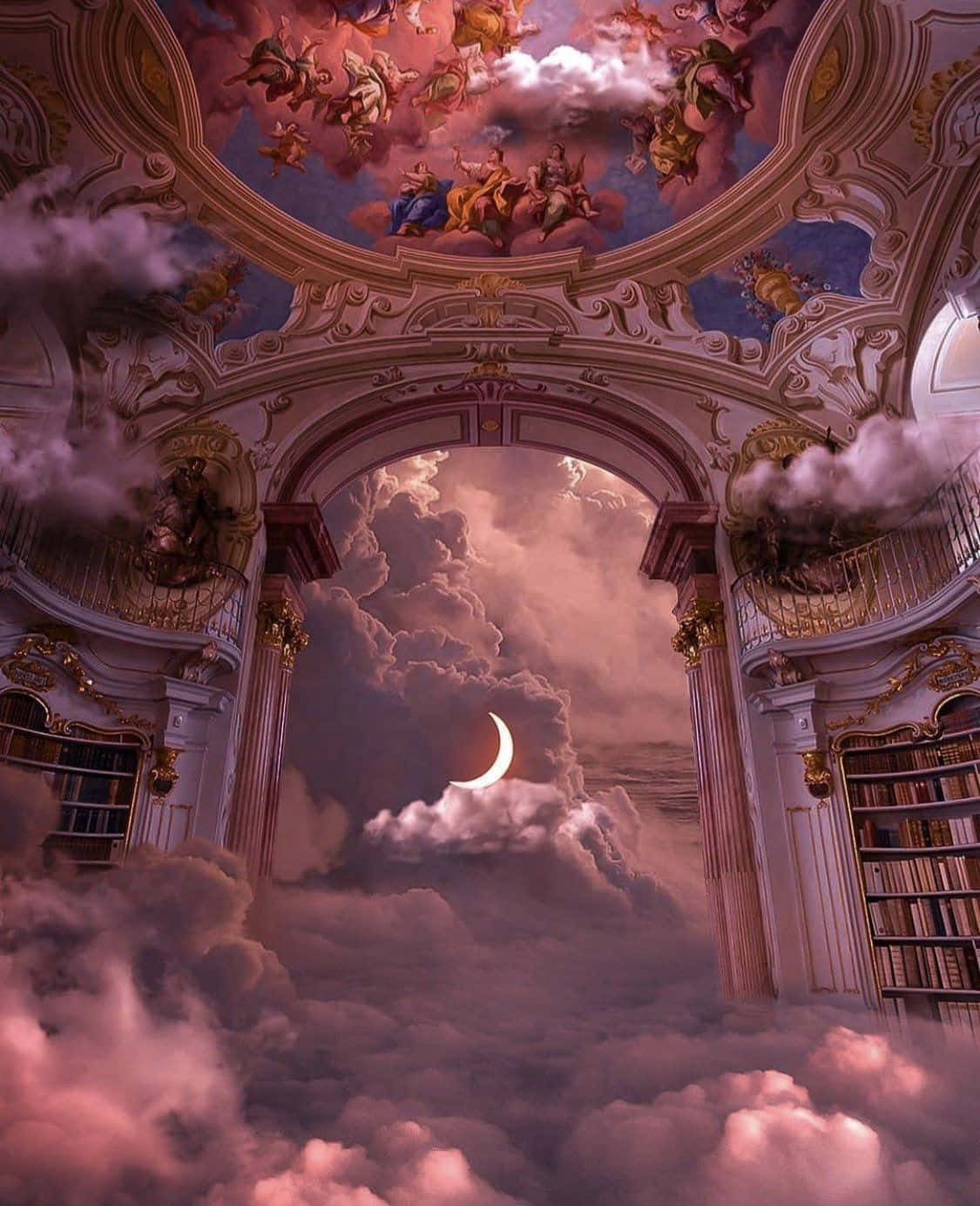 baroque library, pink clouds, crescent moon, HD Phone Wallpaper