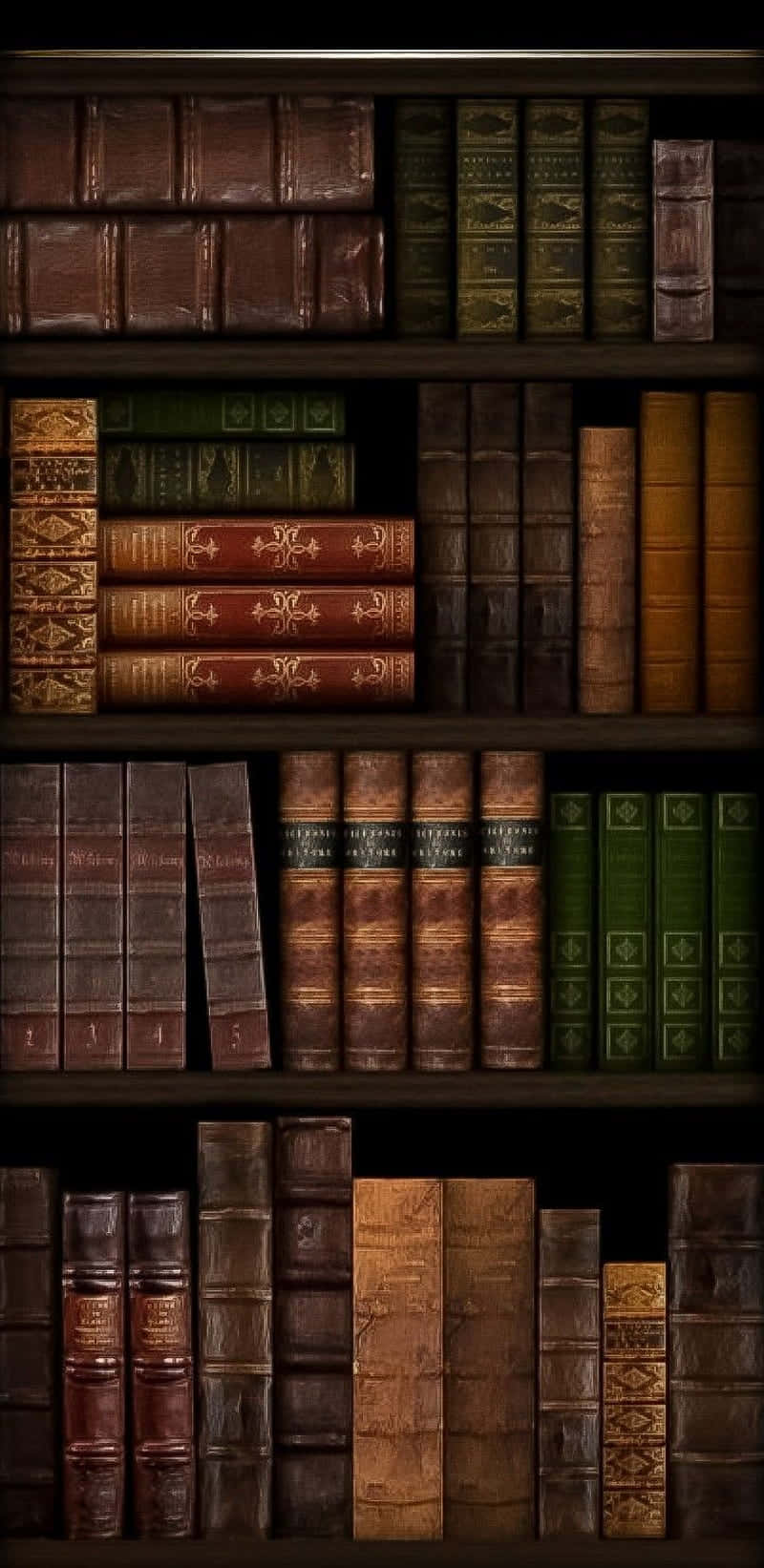 vintage bookshelf collection, antique leatherbound books, rich browns greens and golds, HD Phone Wallpaper