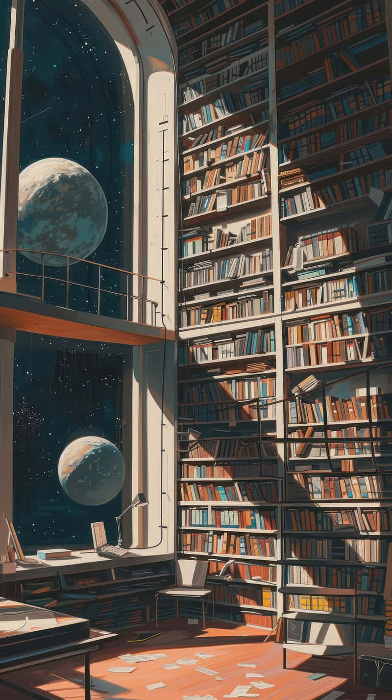 Cosmic Library Aesthetic, towering bookshelves, arched windows, HD Phone Wallpaper