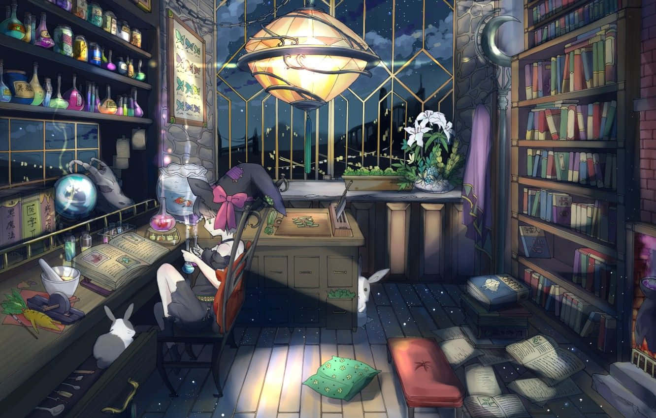 witch, purple hat, starlit magical study, HD Desktop Wallpaper