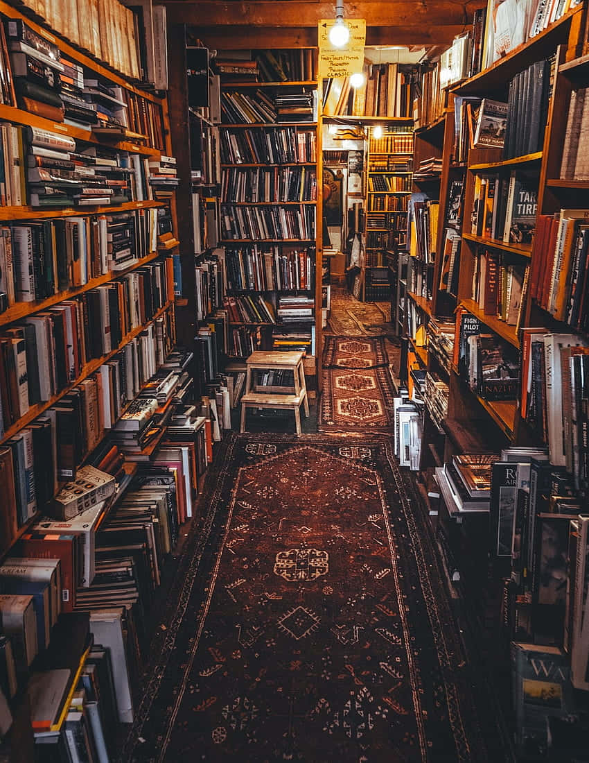cozy vintage bookstore, towering wooden shelves, packed with books, SD Phone Wallpaper