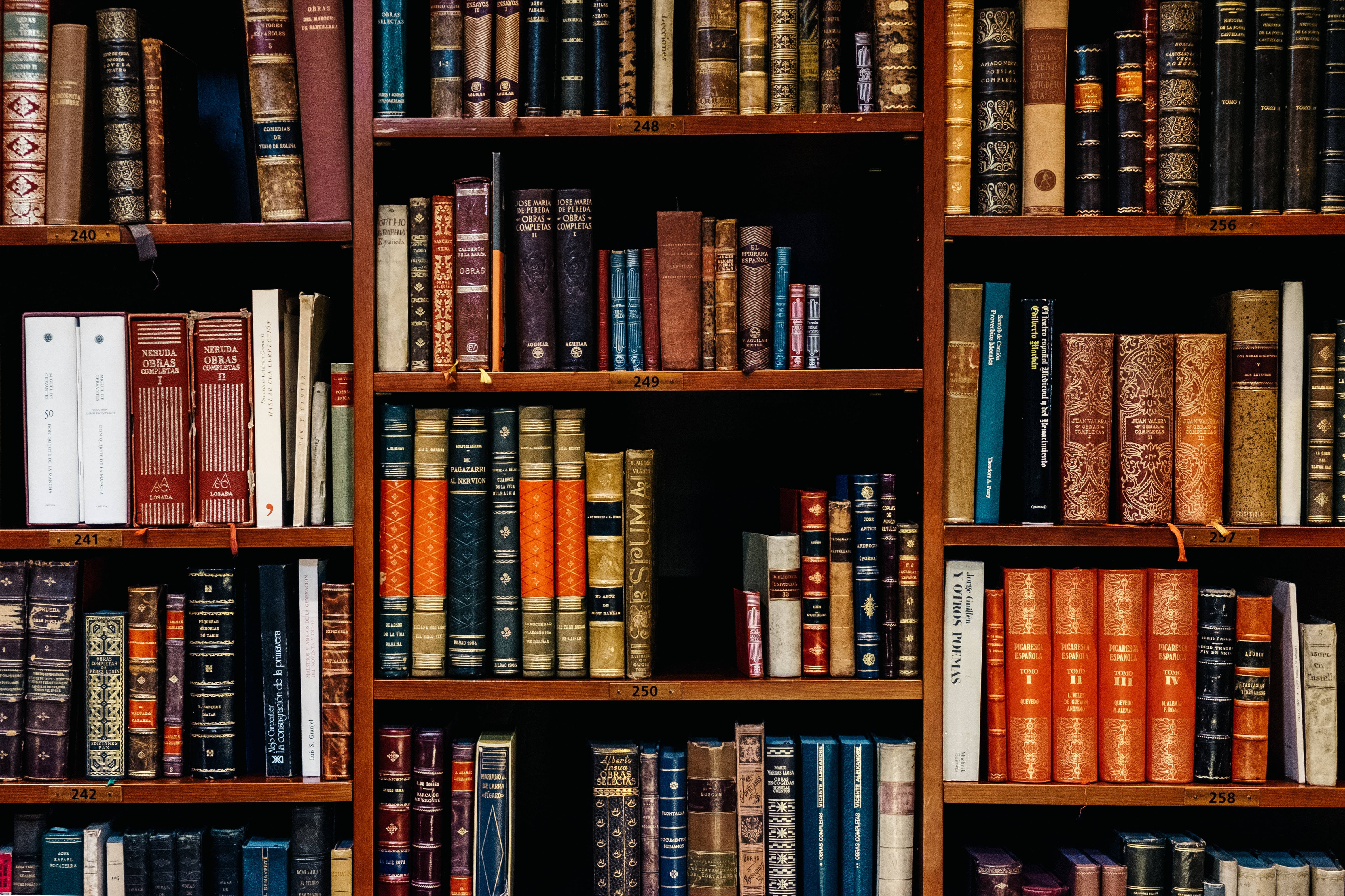 vintage leather bound books, cloth bound books, wooden library shelves, 4K Desktop Wallpaper
