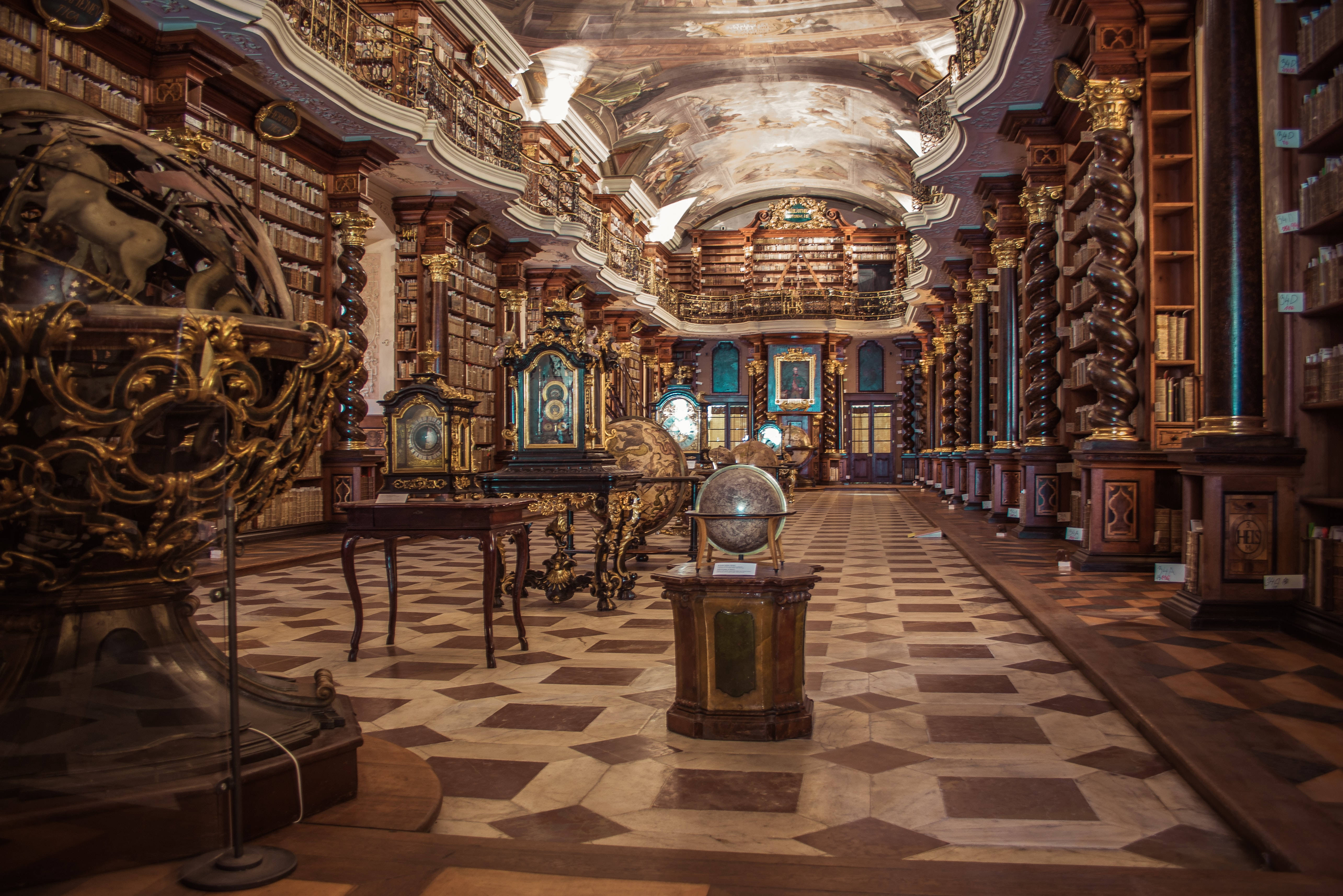baroque library, ornate wooden shelves, gilded globes, 5K Desktop Wallpaper