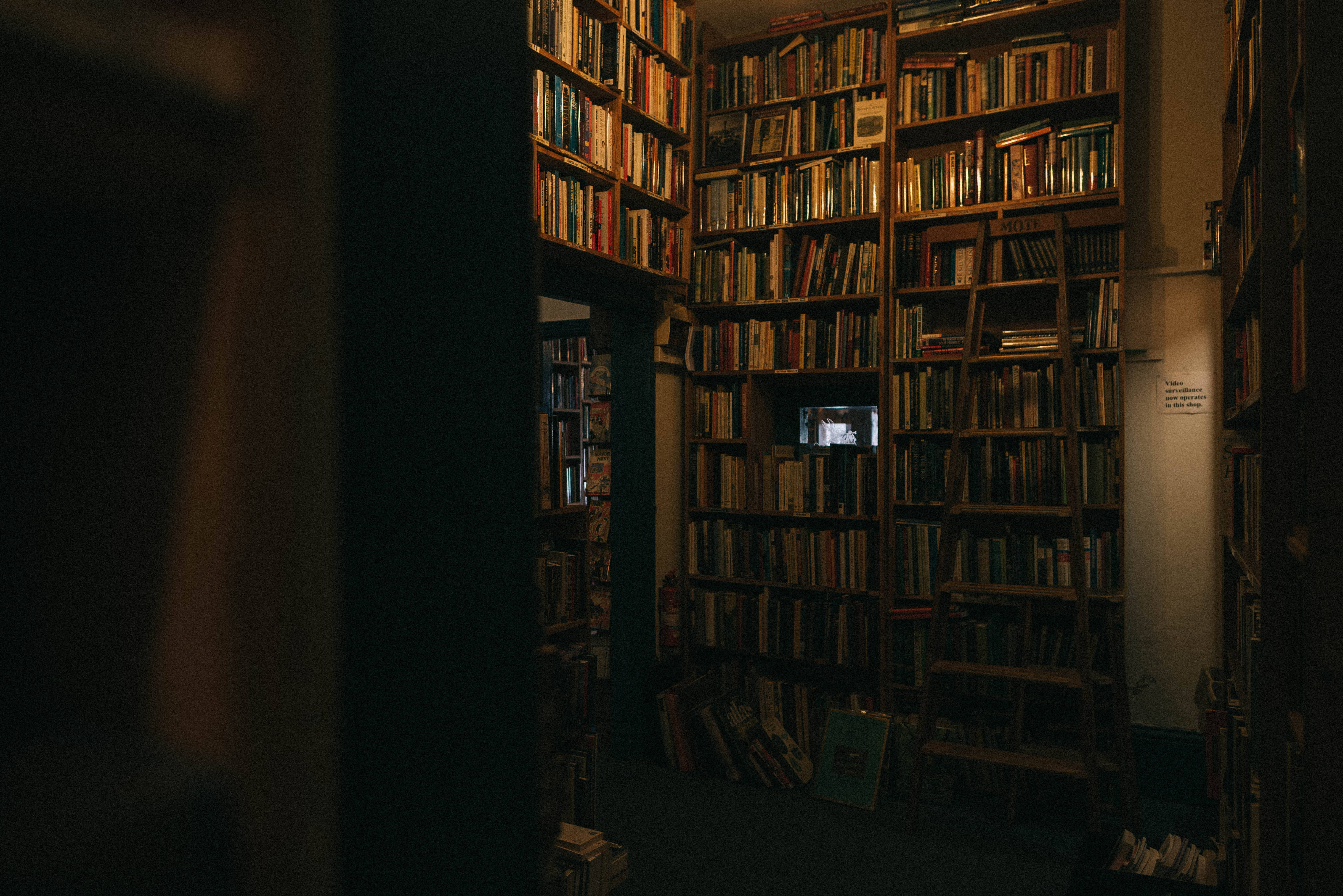 Dark Library Aesthetic, bookshelves, books, 5K Desktop Wallpaper