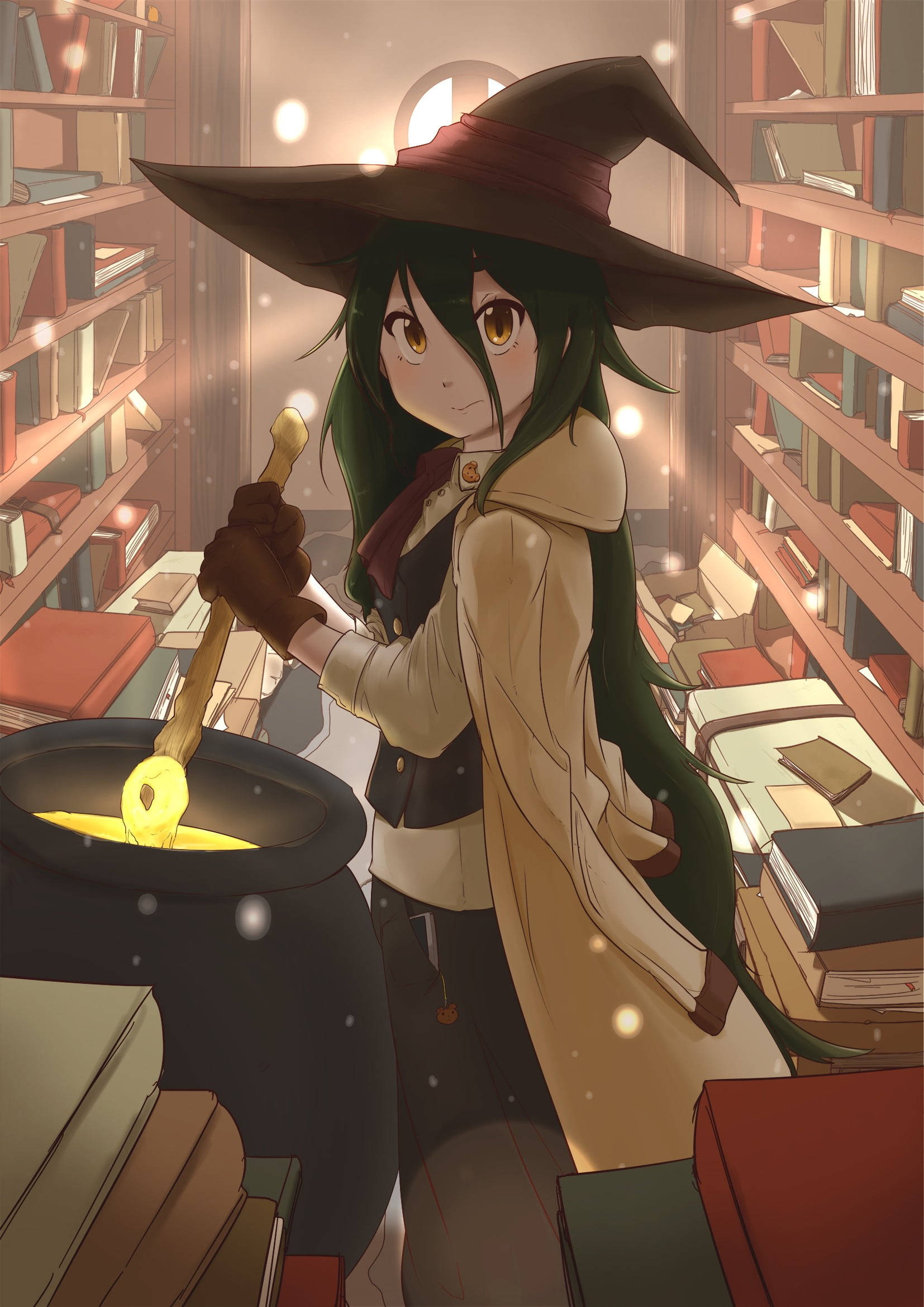 witchy cooking art, young witch with green hair, glowing potion, Full HD Phone Wallpaper