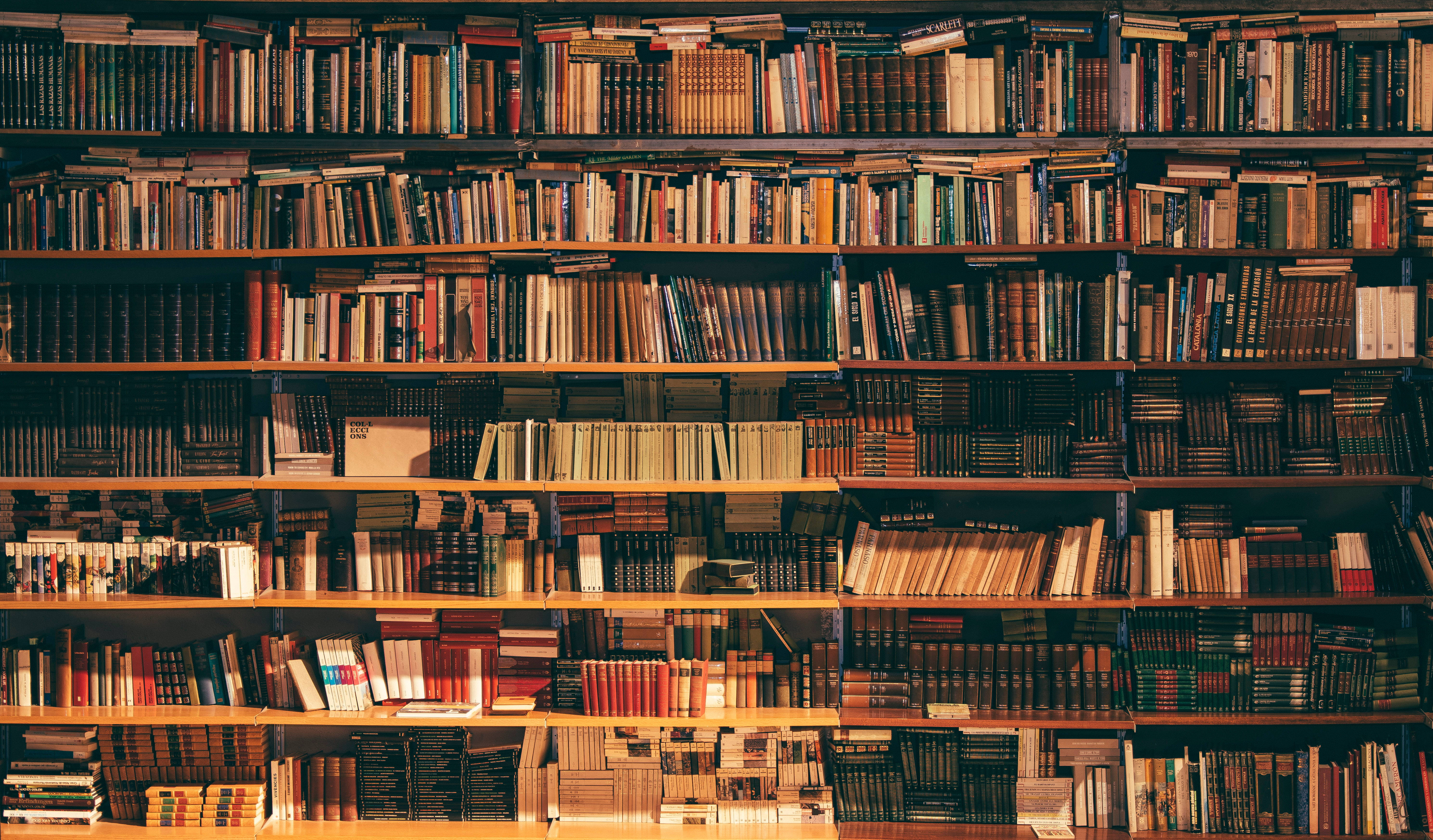 classic library shelves, wooden bookshelves, vintage books, 5K Desktop Wallpaper
