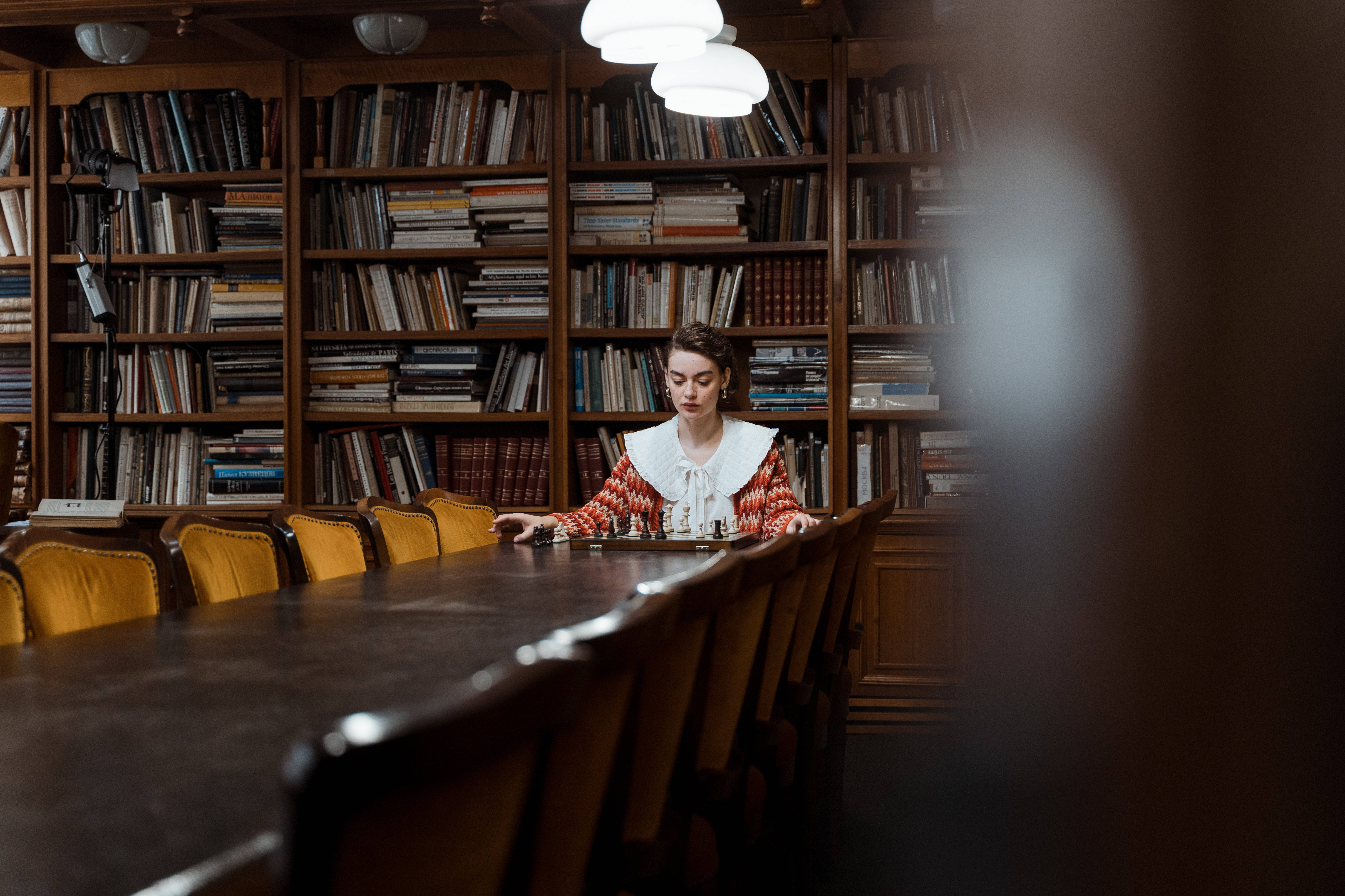 chess, library, dark academia, 5K Desktop Wallpaper