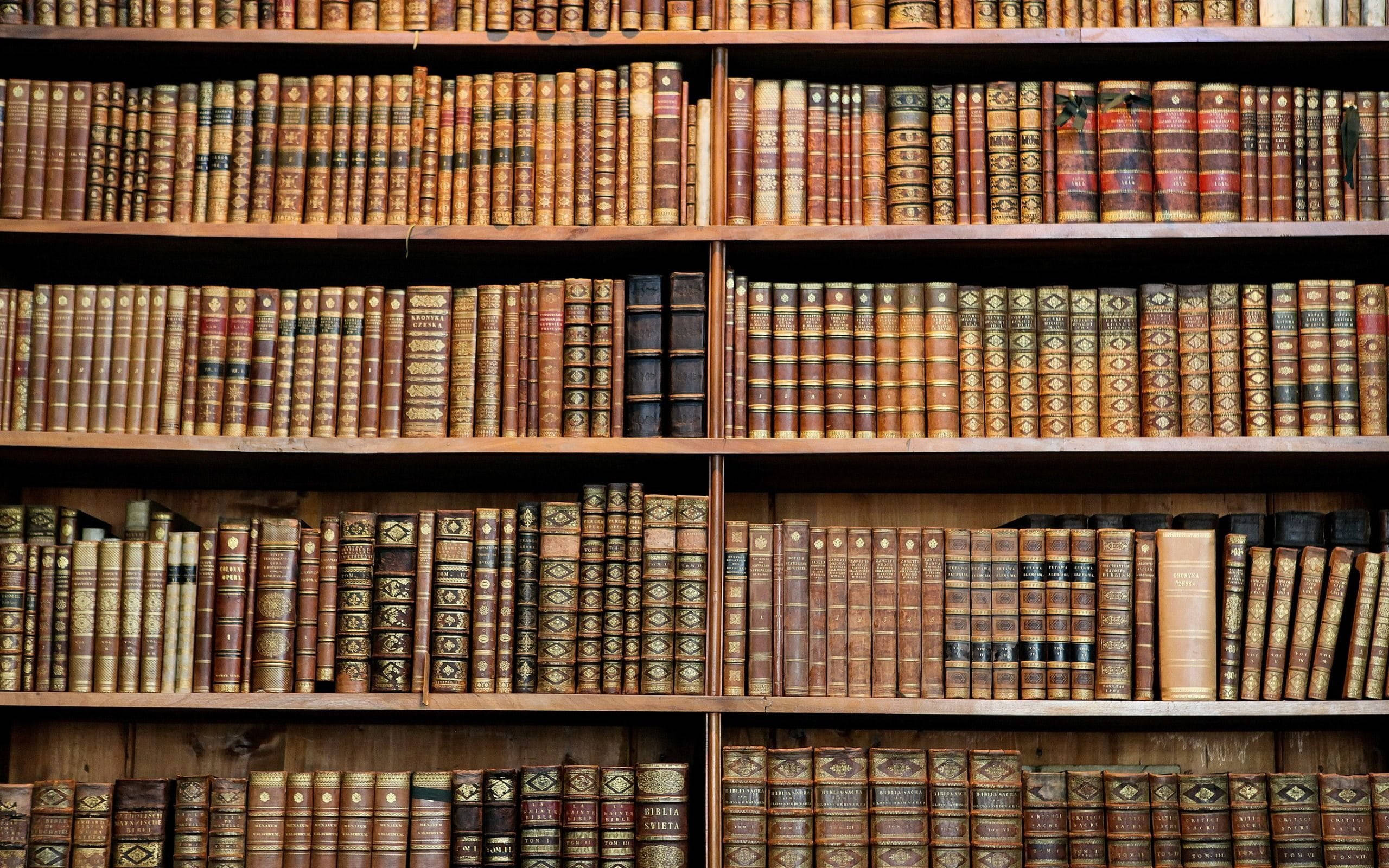 antique books, wooden rack, leather-bound books, 2K Desktop Wallpaper