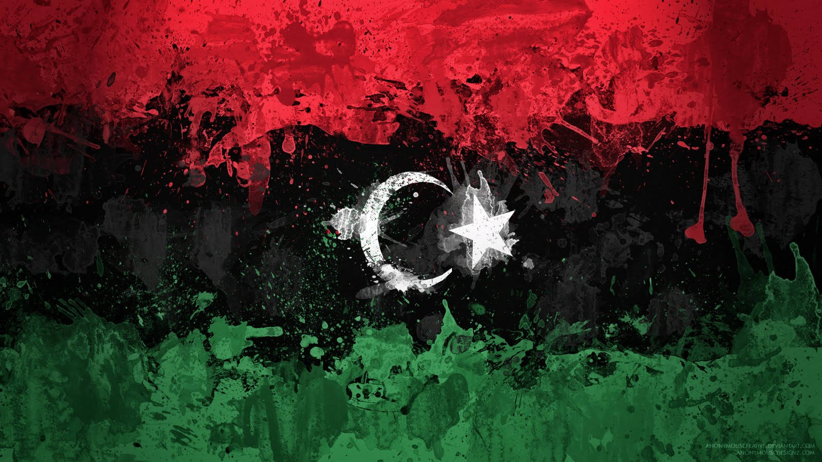 Libya flag, red black and green stripes, white crescent star, HD Desktop Wallpaper