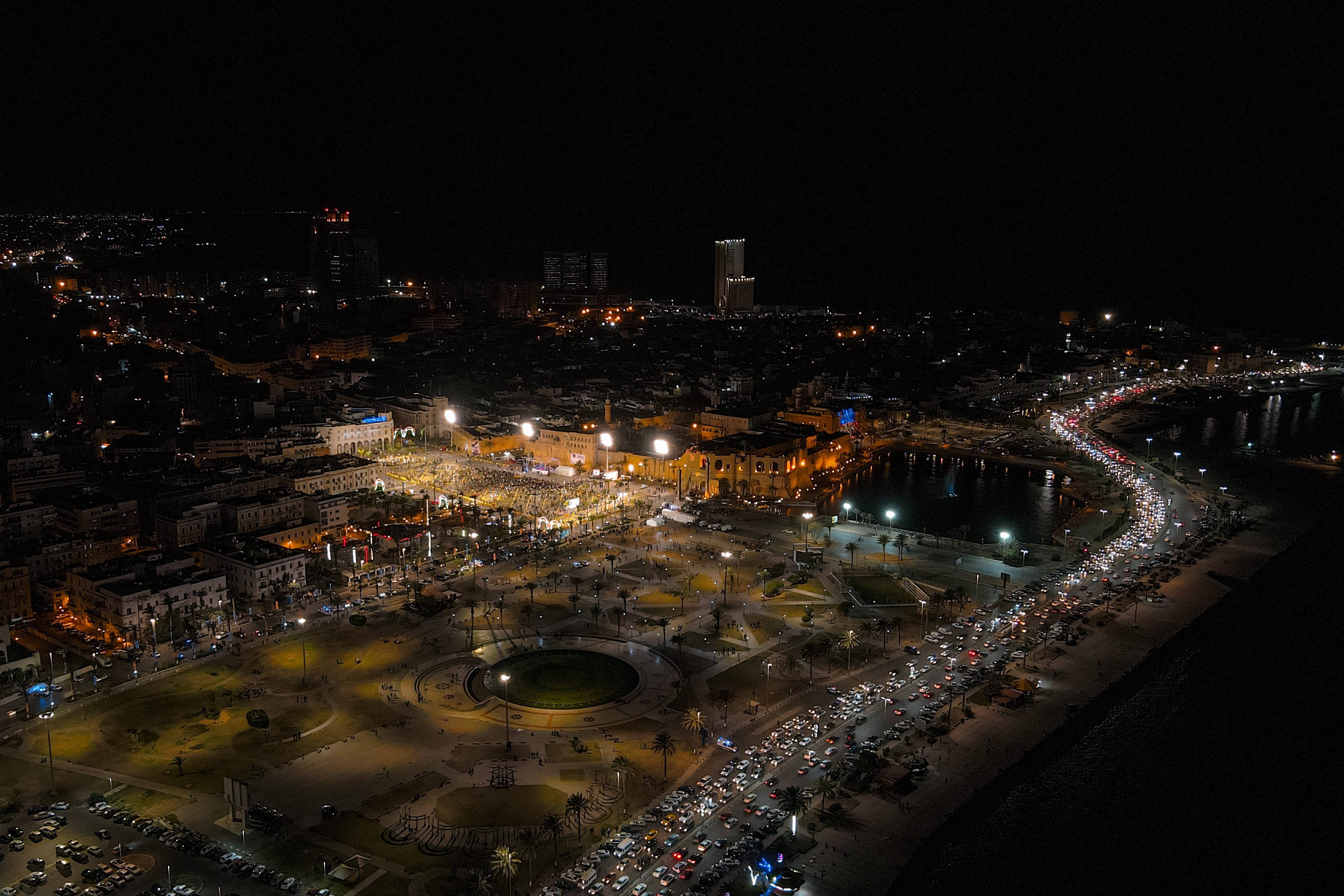 Libya, shining lights, aerial night view, 2K Desktop Wallpaper