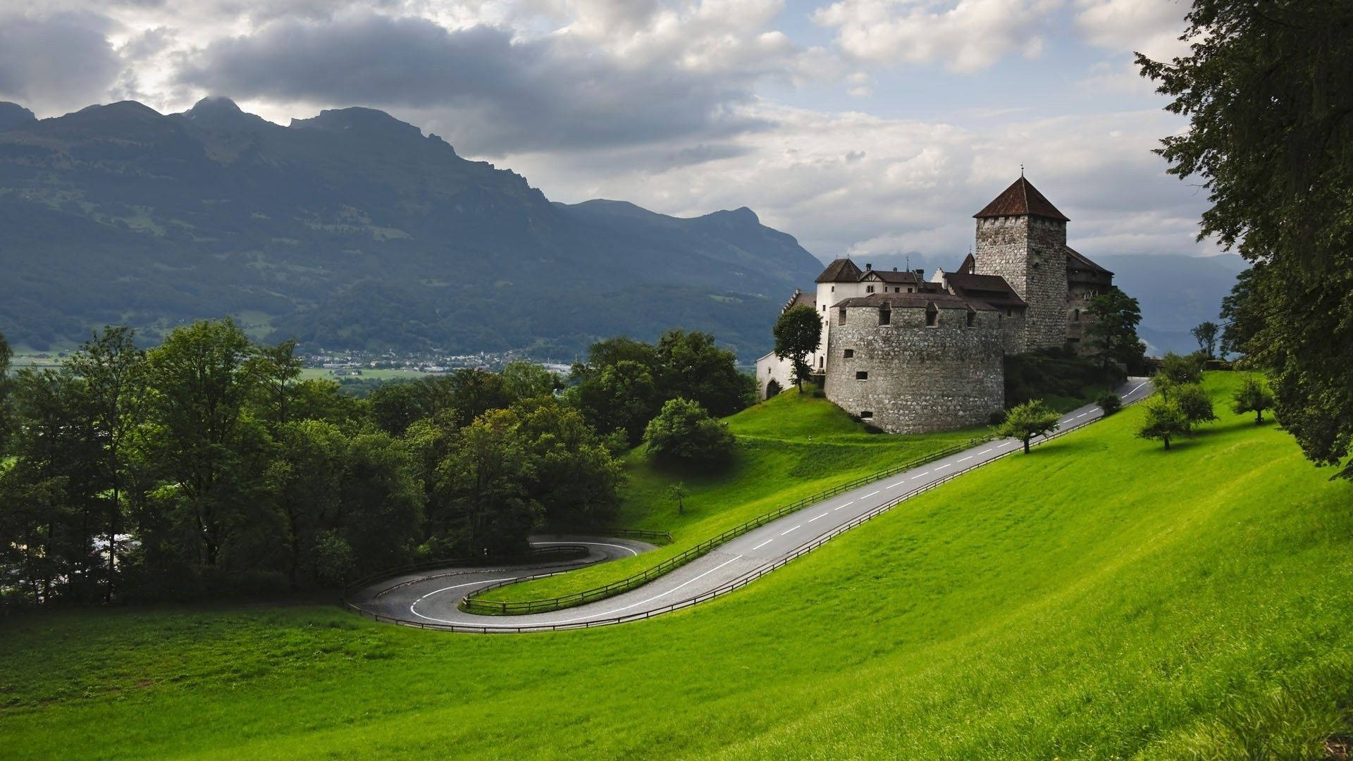 Liechtenstein, green grass, winding road, Full HD Desktop Wallpaper
