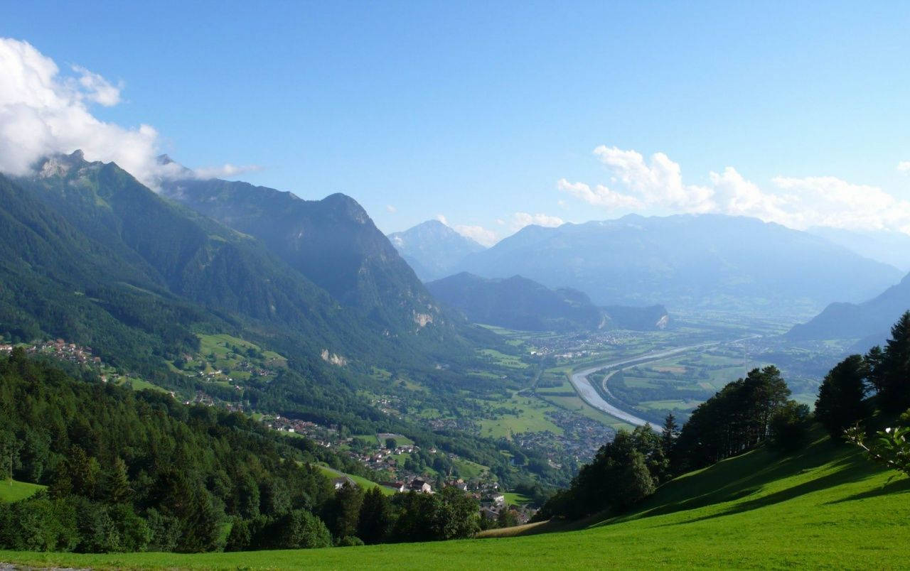 Liechtenstein, lush green valley, towering mountains, HD Desktop Wallpaper