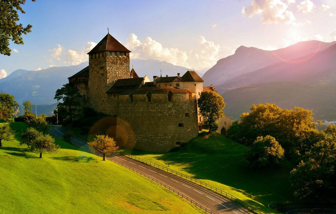 Liechtenstein, golden rays, stone castle, HD Desktop Wallpaper