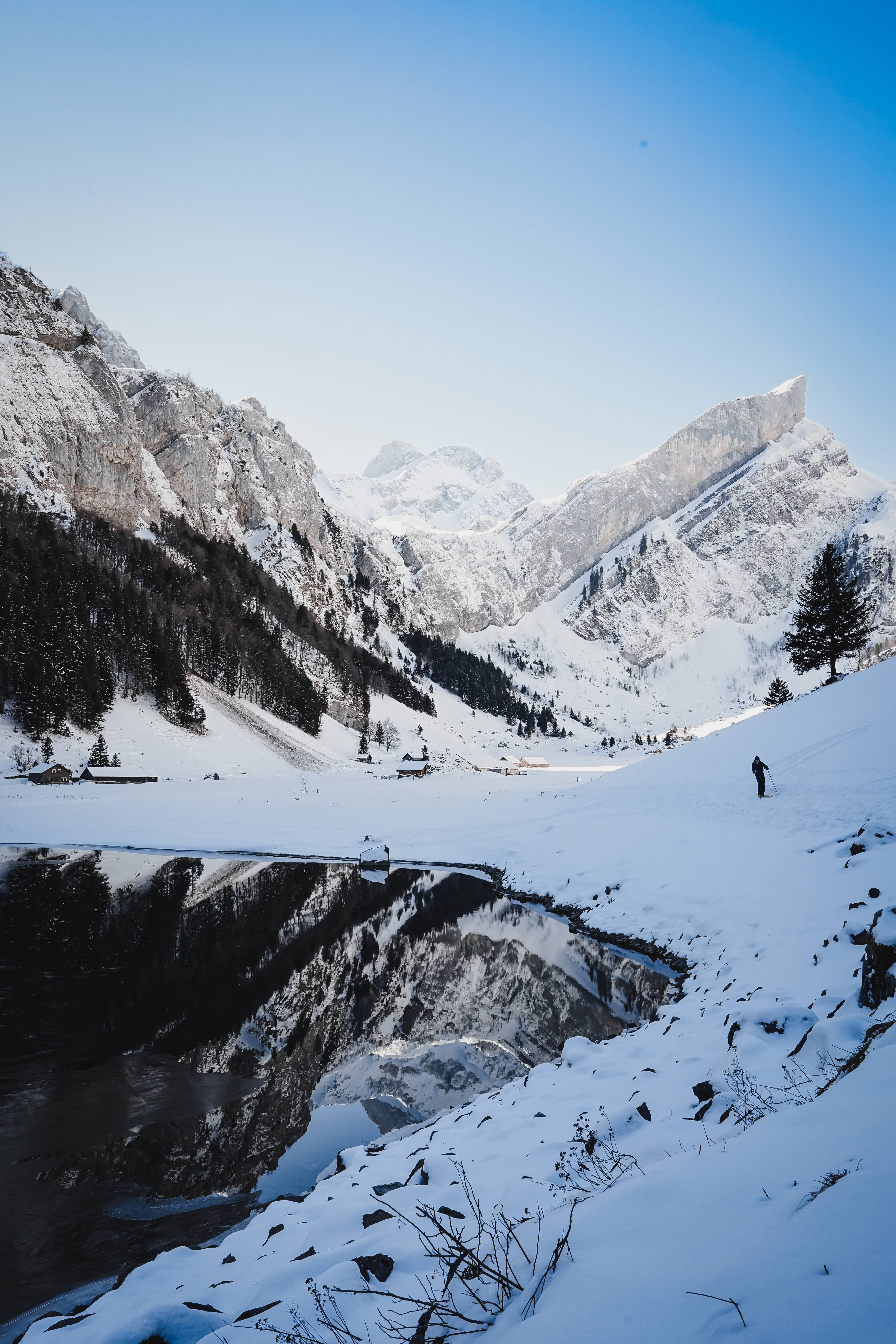 Liechtenstein, snowy mountains, frozen lake, 5K Phone Wallpaper