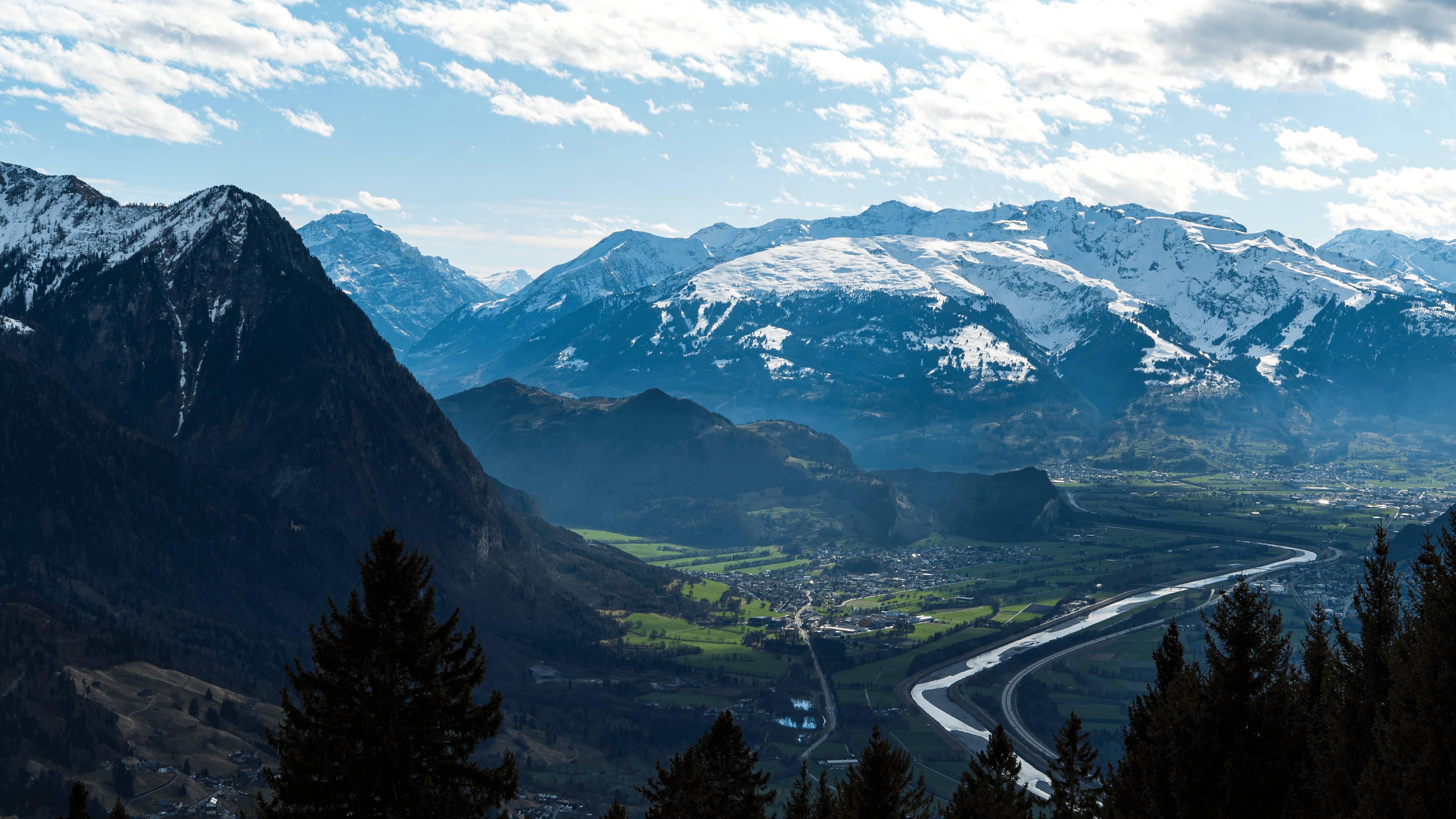Liechtenstein, snowcapped mountains, winding river, 4K Desktop Wallpaper