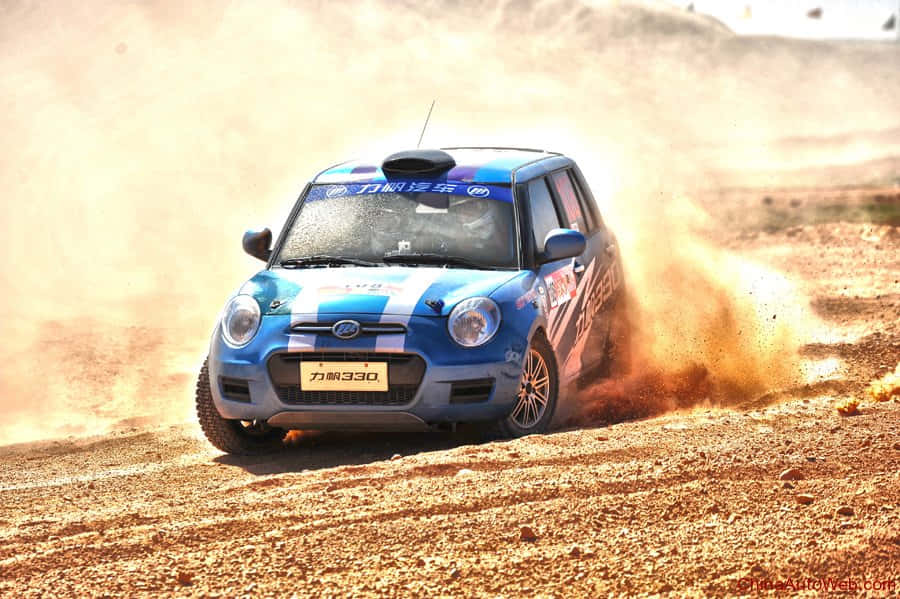 Lifan 320, blue rally car, dusty desert track, SD Desktop Wallpaper