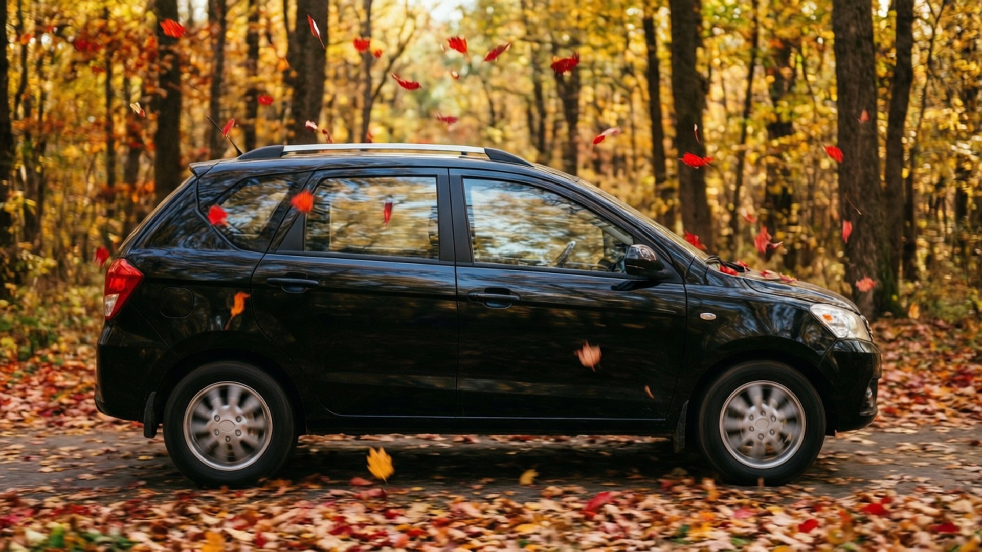Lifan Myway, autumn forest road, black, Full HD Desktop Wallpaper