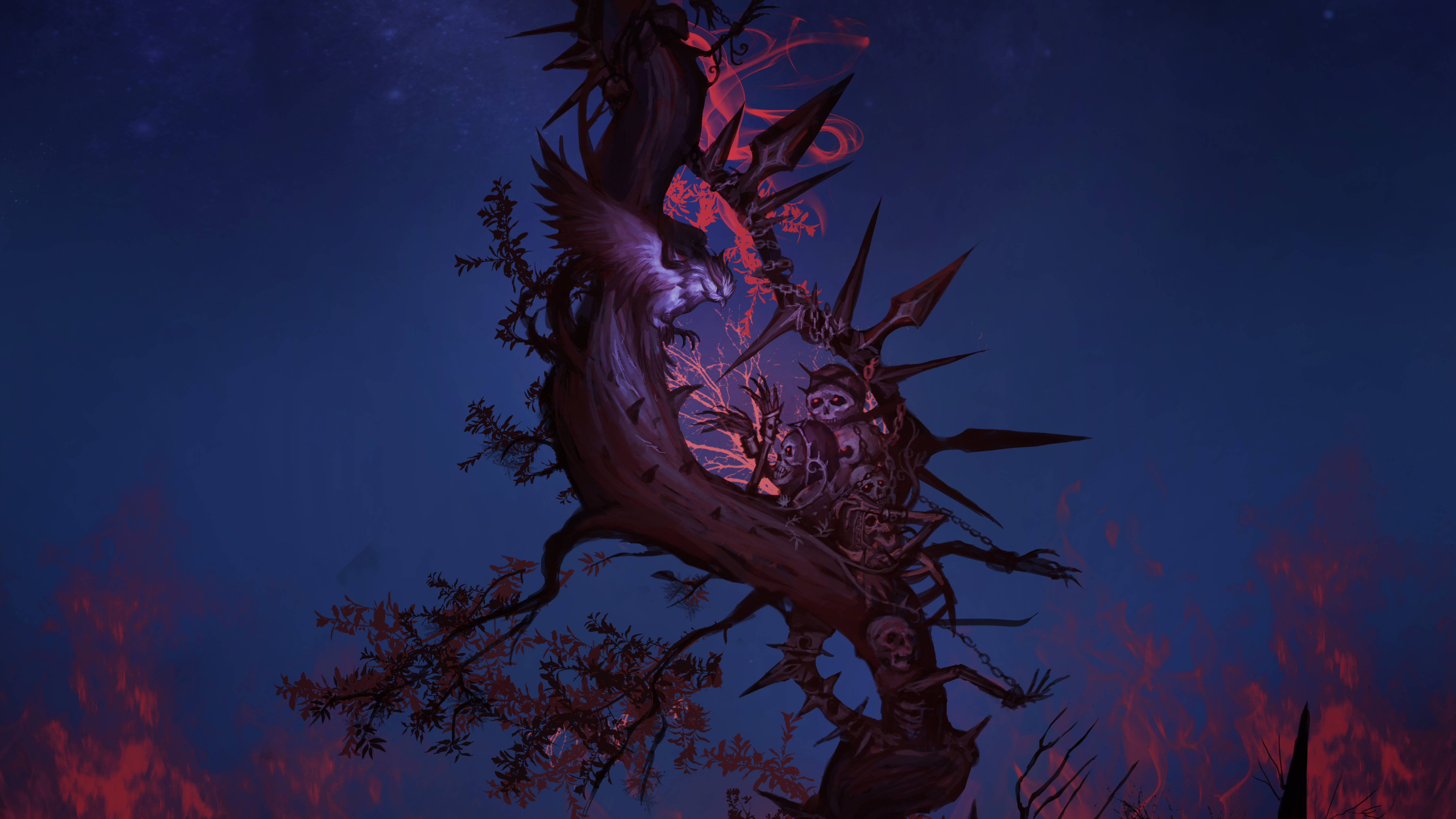 Life And Death, twisted skeletal tree, glowing red flames, 5K Desktop Wallpaper