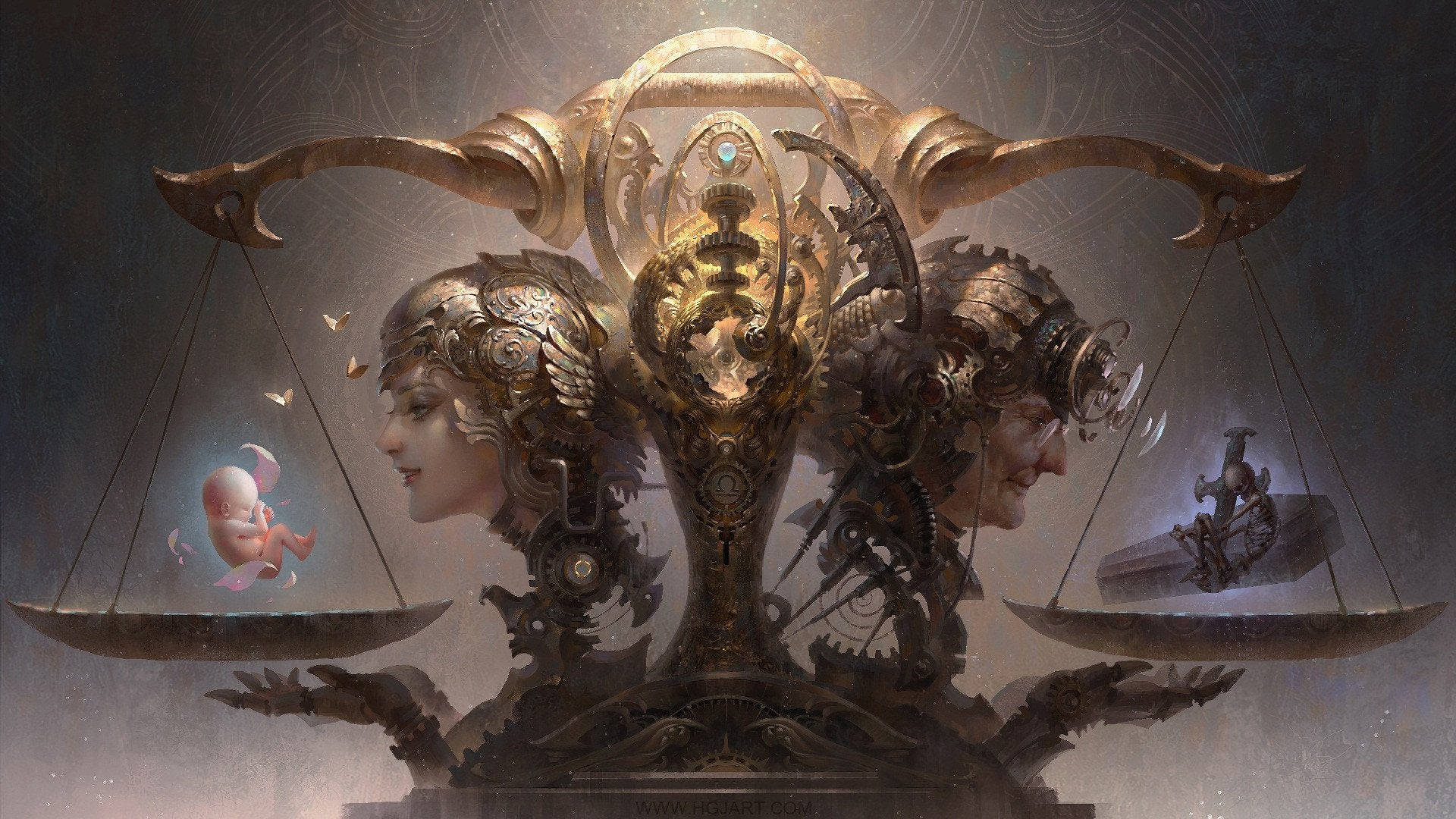 steampunk scale, glowing fetus, mechanical gear assembly, Full HD Desktop Wallpaper