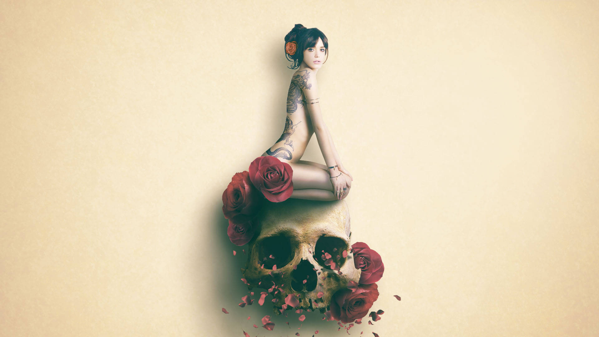 Life And Death, tattooed woman, skull, Full HD Desktop Wallpaper