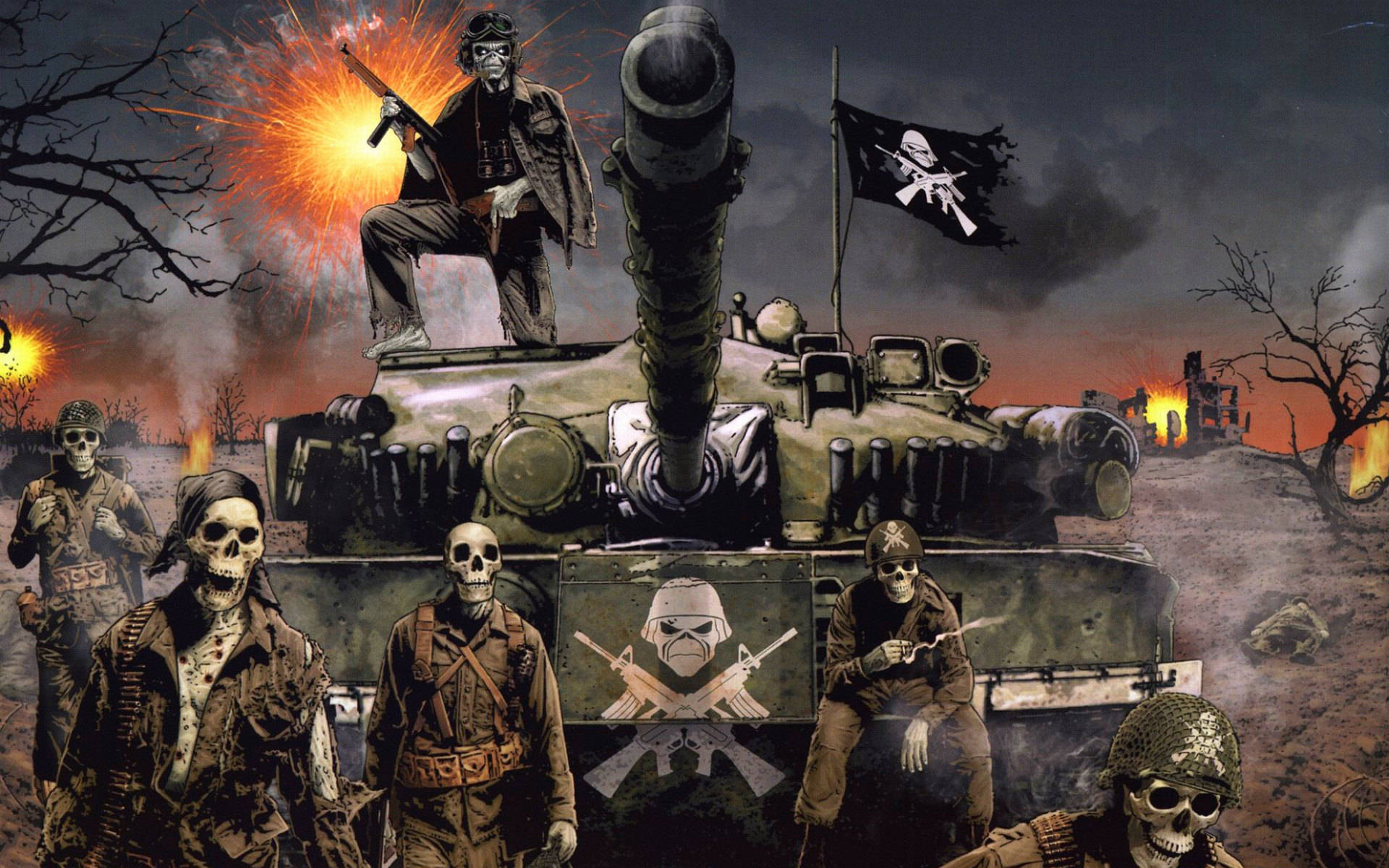 skull-faced soldiers, war gear, tank, Full HD Desktop Wallpaper